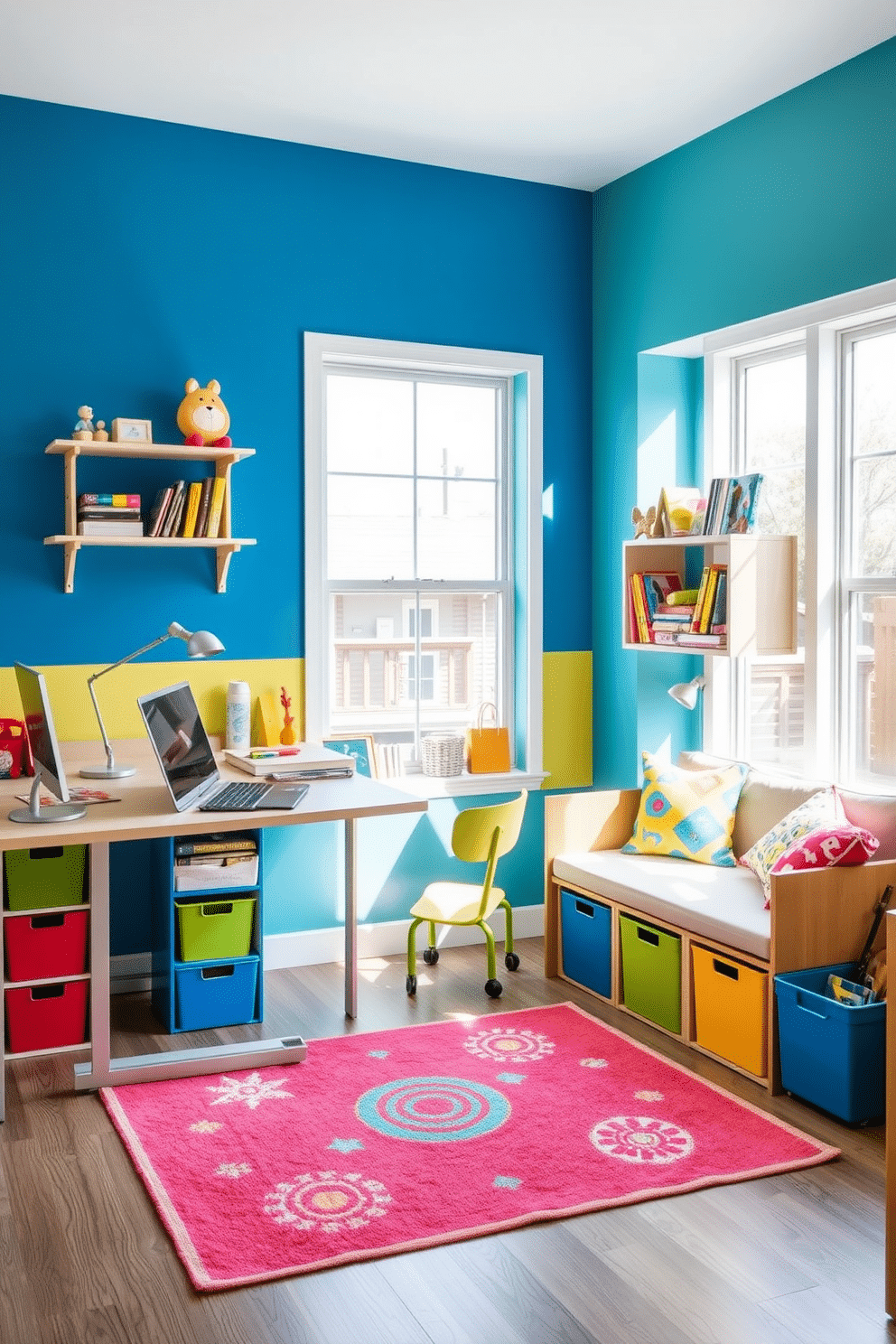 A vibrant office playroom designed for creativity and productivity features a sleek, multifunctional desk that can be easily converted into a crafting table. The space includes a cozy reading nook with a foldable sofa that transforms into a guest bed, complemented by colorful storage bins for toys and office supplies. Brightly colored walls in shades of blue and yellow energize the environment, while large windows allow natural light to flood the room. A playful rug defines the play area, and wall-mounted shelves display books and art supplies, ensuring everything is within reach yet organized.