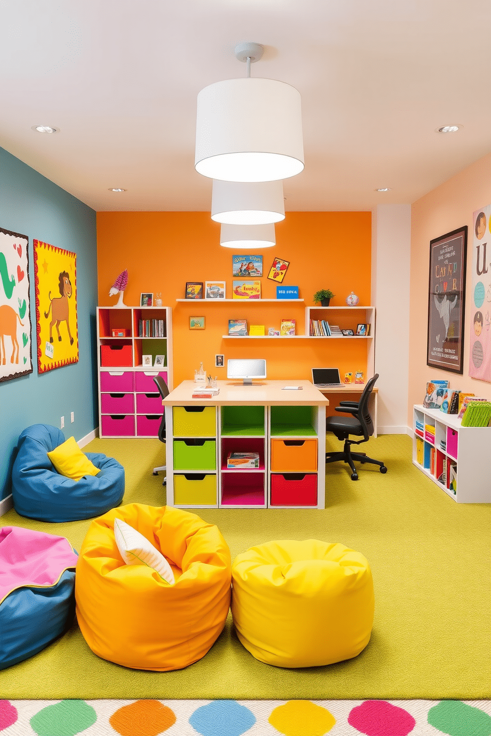 A vibrant office playroom designed for creativity and productivity. The space features a large, multi-functional desk with colorful storage solutions, surrounded by bright, playful artwork on the walls. Incorporate cozy seating areas with bean bags and a small reading nook filled with books and games. Bright lighting fixtures illuminate the room, enhancing the cheerful atmosphere and encouraging collaboration.