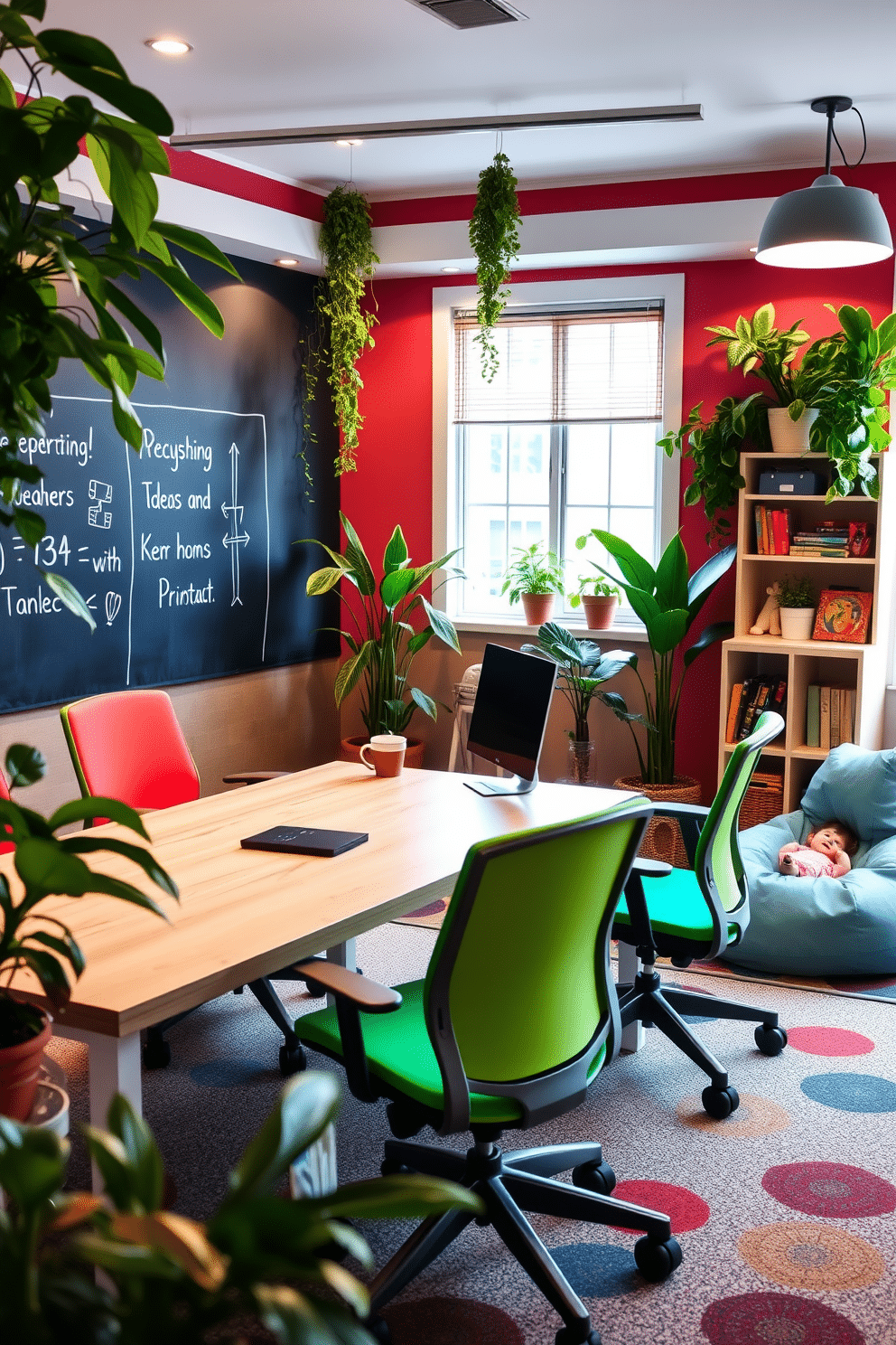 A vibrant office playroom setting that encourages creativity and productivity. The space features a large, light wood desk surrounded by colorful ergonomic chairs, with a chalkboard wall for brainstorming ideas. Lush green plants are strategically placed around the room, bringing a fresh vibe and enhancing air quality. A cozy reading nook with a bean bag chair and a small bookshelf filled with playful decor adds to the inviting atmosphere.