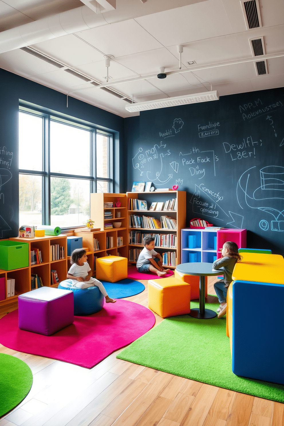 A vibrant collaborative workspace for kids features colorful modular furniture that can be easily rearranged for group activities. The walls are adorned with chalkboard paint, allowing for creative expression, while large windows provide ample natural light and a view of the outdoors. In one corner, a cozy reading nook is created with bean bags and shelves filled with books. Brightly colored rugs define different activity zones, encouraging teamwork and play in a fun, stimulating environment.