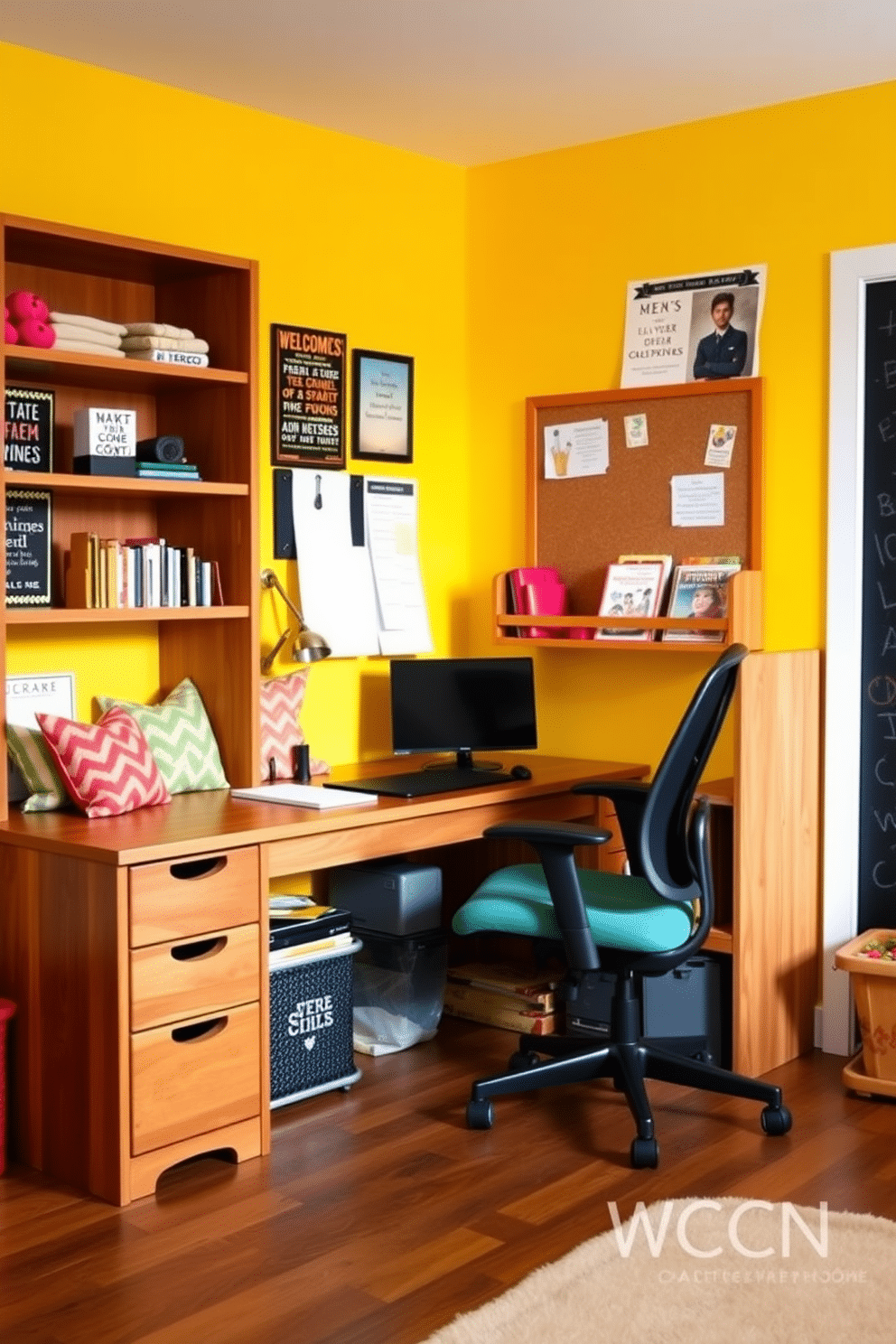 Create a vibrant homework zone featuring a sturdy wooden desk with ample storage and a comfortable ergonomic chair. The walls are painted in a cheerful yellow, adorned with motivational posters, and a corkboard is mounted above the desk for easy access to important notes and reminders. Incorporate a playful office playroom design with a cozy reading nook filled with colorful cushions and a small bookshelf stocked with children's books. Add a fun, interactive wall with chalkboard paint for drawing and brainstorming, complemented by a soft rug for a welcoming touch.