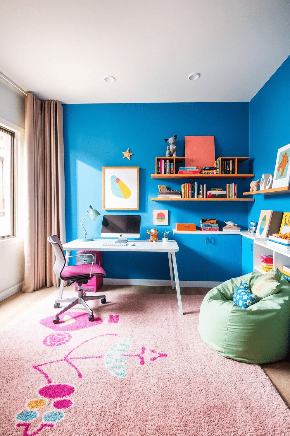 A vibrant office playroom featuring a bright blue accent wall adorned with playful artwork. The space includes a sleek, modern desk paired with a cozy bean bag chair, creating a dynamic balance of function and fun. The floor is covered in a soft, multi-colored area rug that adds warmth and texture, while shelves filled with books and toys provide both storage and visual interest. A large window allows natural light to flood the room, enhancing the cheerful atmosphere.