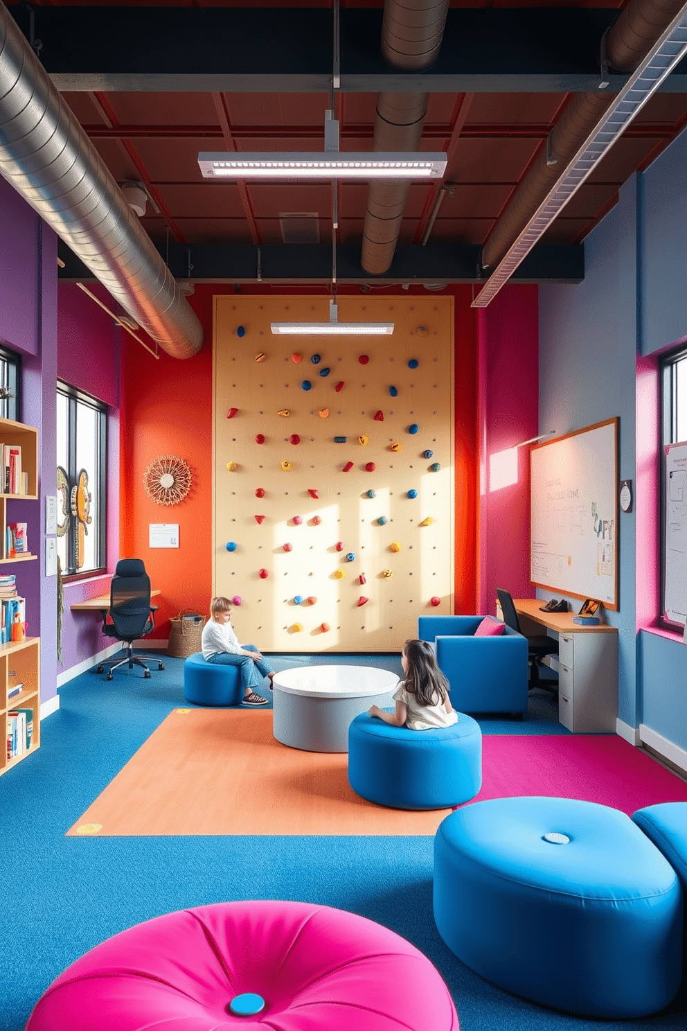 A vibrant office playroom designed for creativity and fun, featuring a small indoor climbing wall that adds an element of adventure. The space is filled with bright colors, with soft seating areas and playful decor to inspire imagination and collaboration. The climbing wall is positioned against one wall, surrounded by soft mats for safety, while the opposite side features a large whiteboard for brainstorming ideas. Natural light floods the room through large windows, enhancing the cheerful atmosphere and making it an inviting place to work and play.