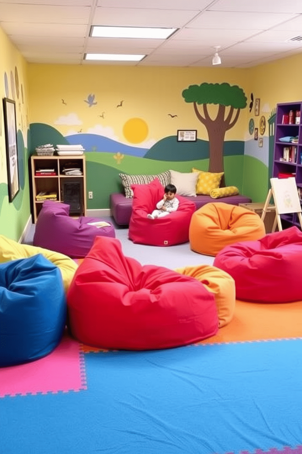 A vibrant play area designed for creativity and comfort, featuring soft, oversized bean bags in bright colors scattered throughout the space. The walls are adorned with playful murals, and a cozy reading nook with plush cushions invites children to explore their imaginations. Incorporate a variety of interactive play stations, such as a mini art corner with easels and supplies, alongside a soft play structure for climbing and exploration. The flooring is cushioned and colorful, ensuring safety while enhancing the playful atmosphere.