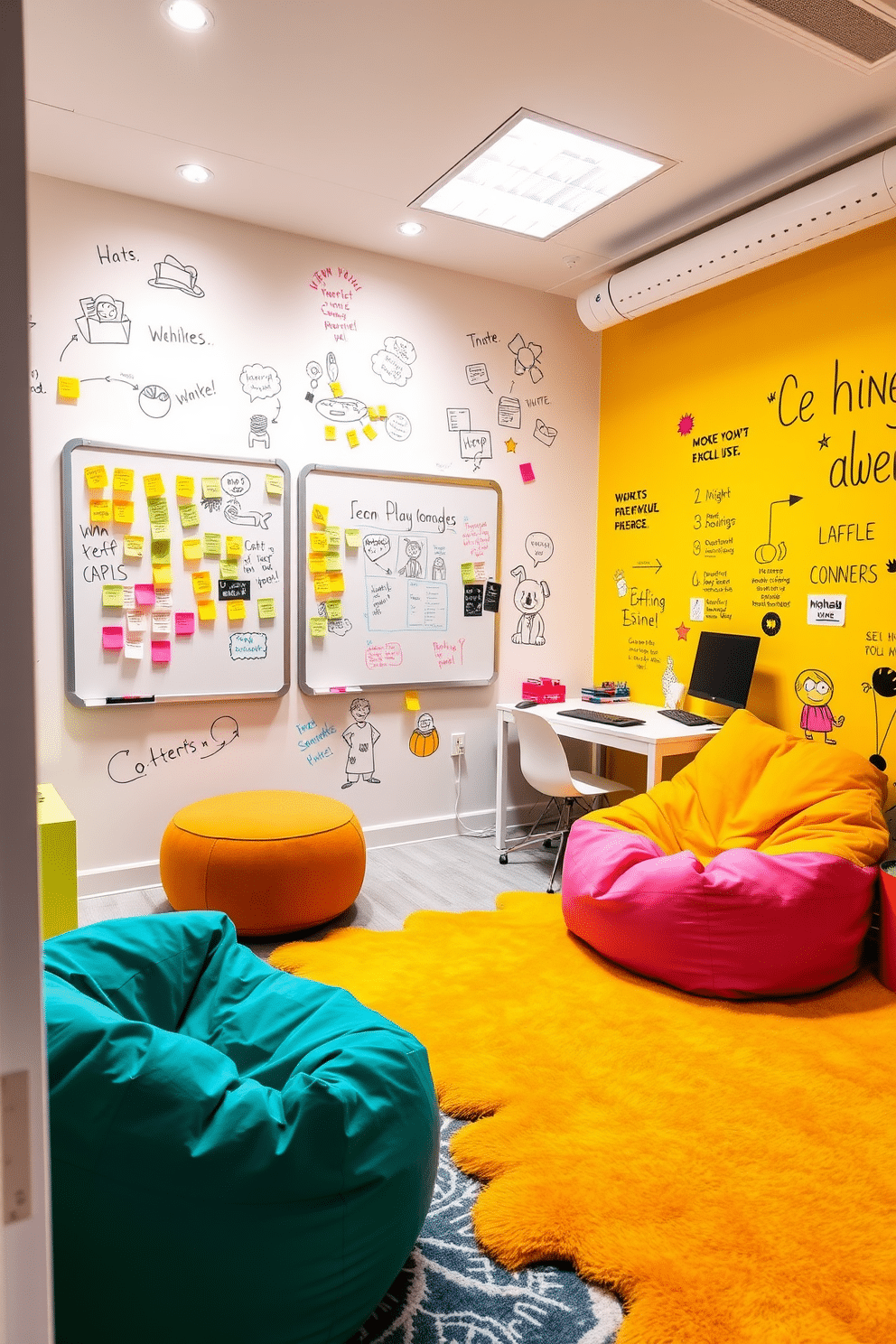 A vibrant office playroom designed for creativity and productivity. The space features a large whiteboard mounted on one wall, surrounded by colorful sticky notes and sketches, providing an inspiring backdrop for brainstorming sessions. Brightly colored furniture, including a cozy bean bag and a modern desk, create a playful yet functional atmosphere. The walls are adorned with playful murals and motivational quotes, while soft rugs add comfort to the floor, inviting relaxation and collaboration.