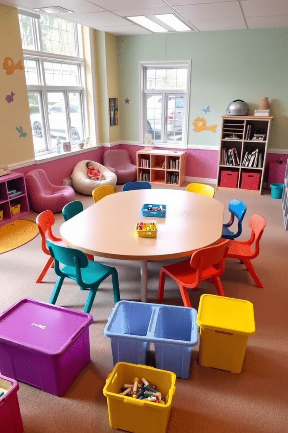 A vibrant playroom designed for collaborative projects features a large, multi-functional activity table at the center, surrounded by colorful, ergonomic chairs. The walls are painted in a cheerful pastel palette, with playful wall decals and plenty of natural light streaming in through large windows. On one side of the room, a cozy reading nook is created with plush bean bags and a small bookshelf filled with children's literature. The floor is covered with a soft, durable carpet that adds warmth and comfort, while storage bins neatly organize art supplies and toys, encouraging creativity and teamwork.