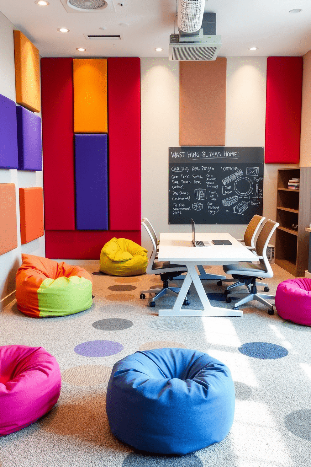 A vibrant office playroom designed for creativity and focus, featuring soundproofing elements like acoustic panels on the walls and a plush carpet that absorbs noise. The space includes a large, modern desk with ergonomic seating, surrounded by colorful bean bags and a chalkboard wall for brainstorming sessions.