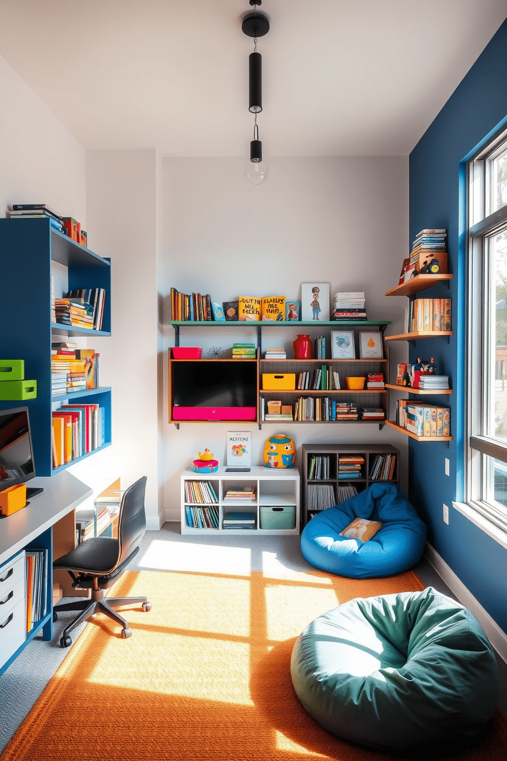 A creative office playroom design featuring wall-mounted storage solutions that maximize space. The walls are adorned with colorful shelving units filled with books, toys, and art supplies, creating an organized yet playful atmosphere. In one corner, a cozy reading nook is set up with bean bags and a small bookshelf, inviting relaxation and creativity. Large windows allow natural light to flood the room, enhancing the vibrant colors of the decor and providing an uplifting environment.