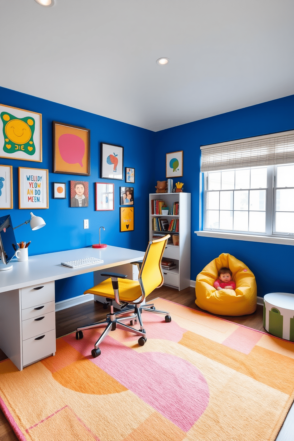 A vibrant office playroom designed to inspire creativity features a bright blue accent wall adorned with colorful artwork. The room includes a spacious desk with a sleek white surface, paired with a comfortable ergonomic chair in a lively yellow hue. In one corner, a cozy reading nook is created with a plush bean bag chair and a small bookshelf filled with playful, inspiring titles. The floor is covered in a soft, multi-colored rug that adds warmth and encourages a playful atmosphere, while large windows allow natural light to flood the space.