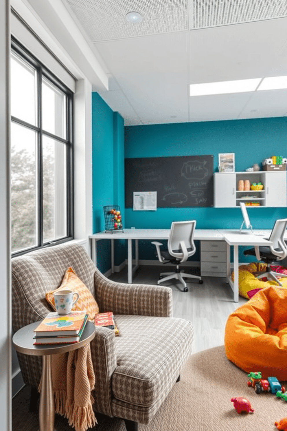 A cozy reading nook area with a plush armchair upholstered in soft, textured fabric, positioned next to a large window that lets in natural light. A small side table holds a steaming cup of tea and a stack of colorful books, while a warm throw blanket drapes over the armchair, inviting relaxation. An office playroom design featuring a bright and cheerful color palette with a mix of functional workspaces and playful elements. A large desk with ergonomic seating is paired with a chalkboard wall for creativity, while a cozy corner filled with bean bags and toys encourages imaginative play.