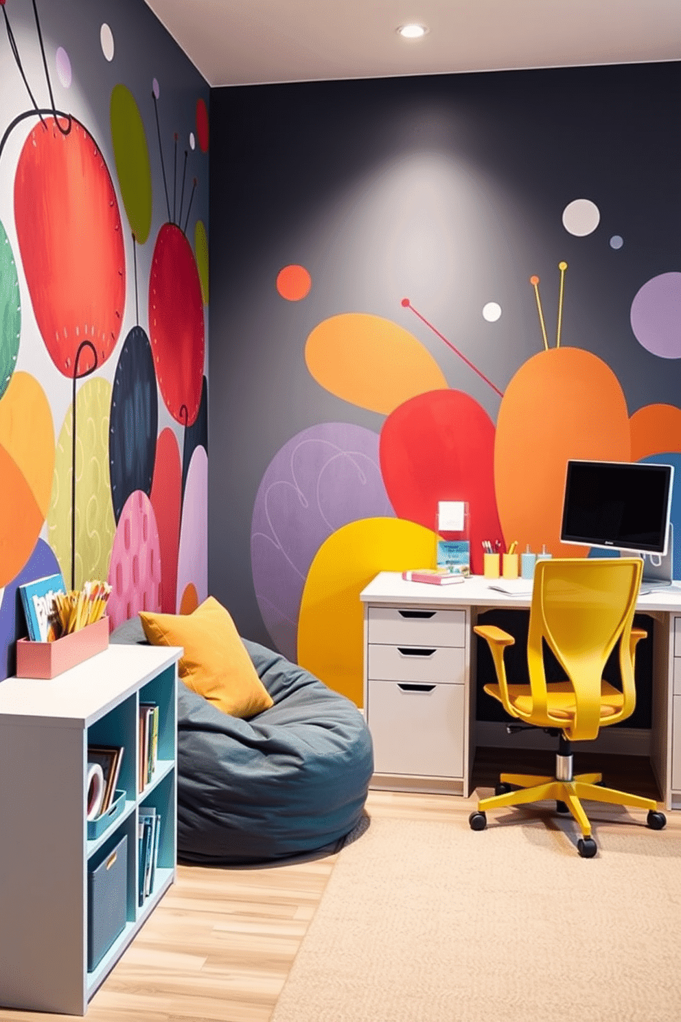 A vibrant office playroom design that fosters creativity and productivity. The space features a large, colorful mural on one wall, depicting abstract shapes and patterns that inspire imagination. In the corner, a cozy reading nook is created with a plush bean bag chair and a small bookshelf filled with art supplies and children's books. A sturdy desk with a bright, ergonomic chair sits adjacent to the nook, providing a functional workspace for both kids and adults.