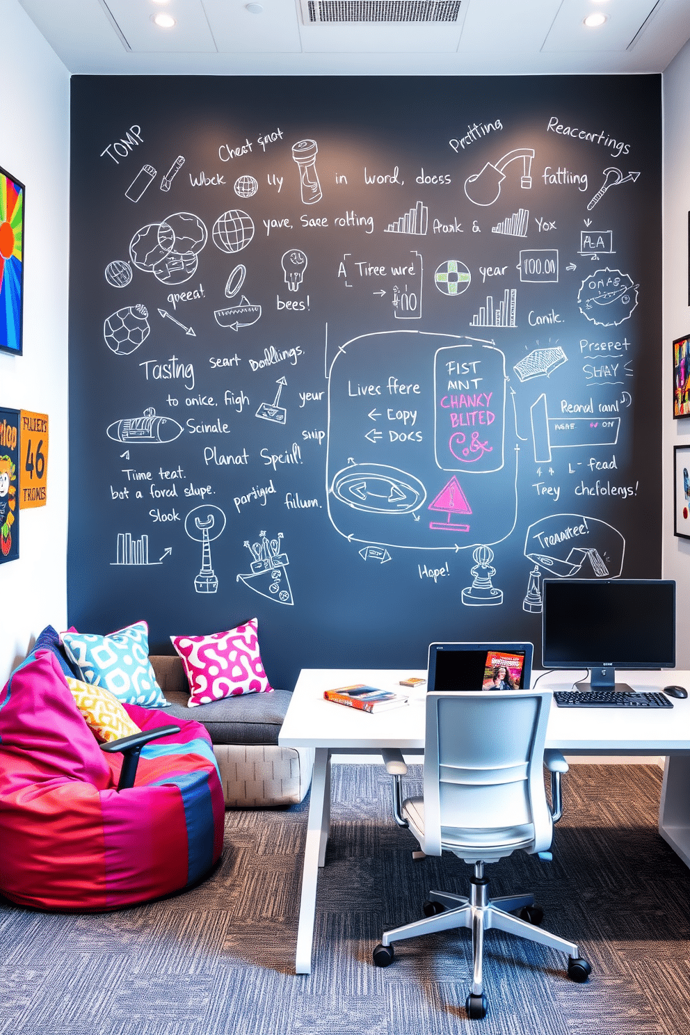 A vibrant office playroom design featuring a large chalkboard wall, perfect for doodling and brainstorming creative ideas. The space includes a cozy reading nook with colorful bean bags, a modern desk area with ergonomic chairs, and playful artwork adorning the walls.