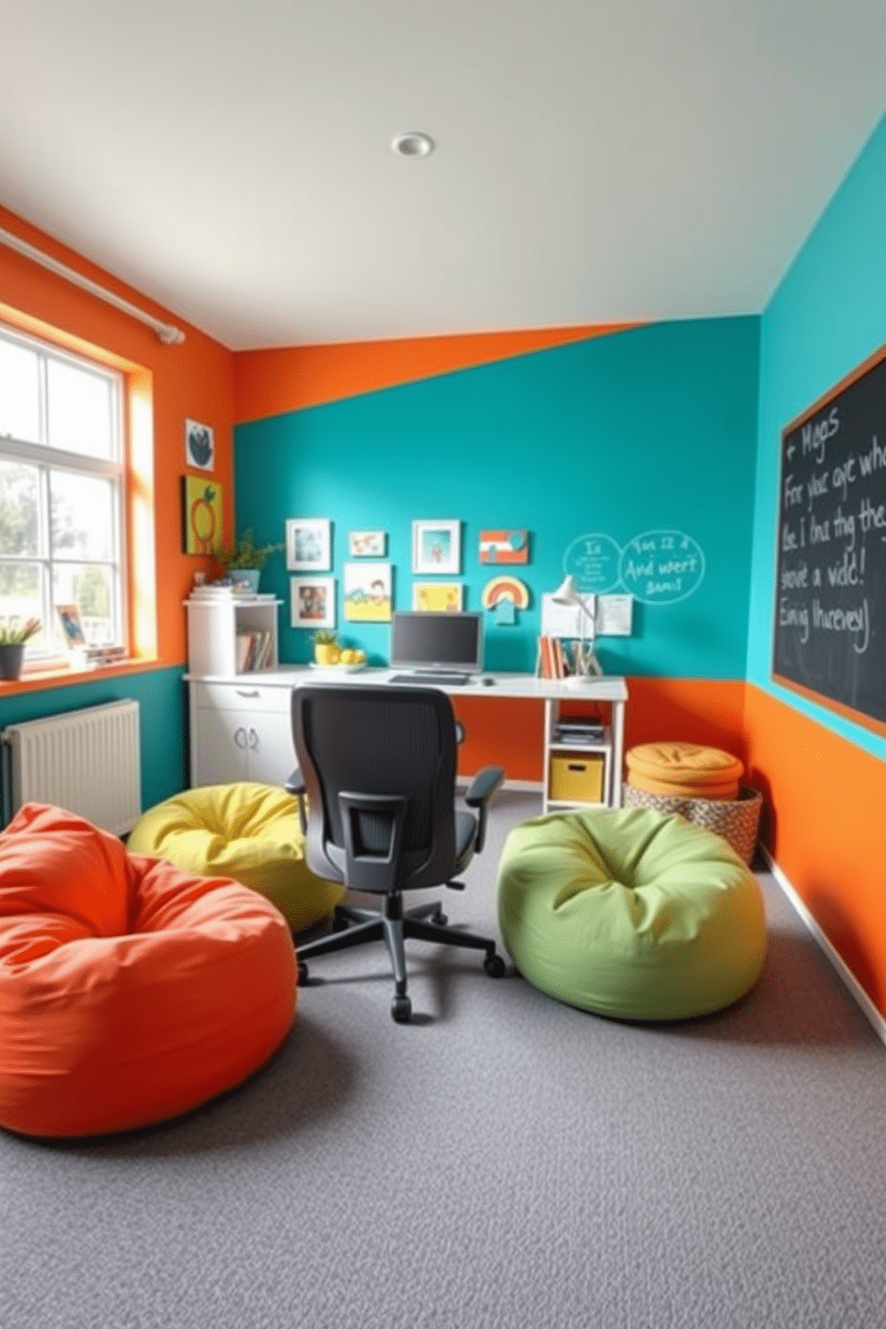 A vibrant office playroom that balances playful decor with professional elements. The space features a sleek desk with a modern ergonomic chair, surrounded by colorful bean bags and whimsical wall art that inspires creativity. Bright accent walls in shades of teal and orange create an energetic atmosphere, while a large window allows natural light to flood the room. A chalkboard wall invites spontaneous ideas, and stylish storage solutions keep the area organized and functional.