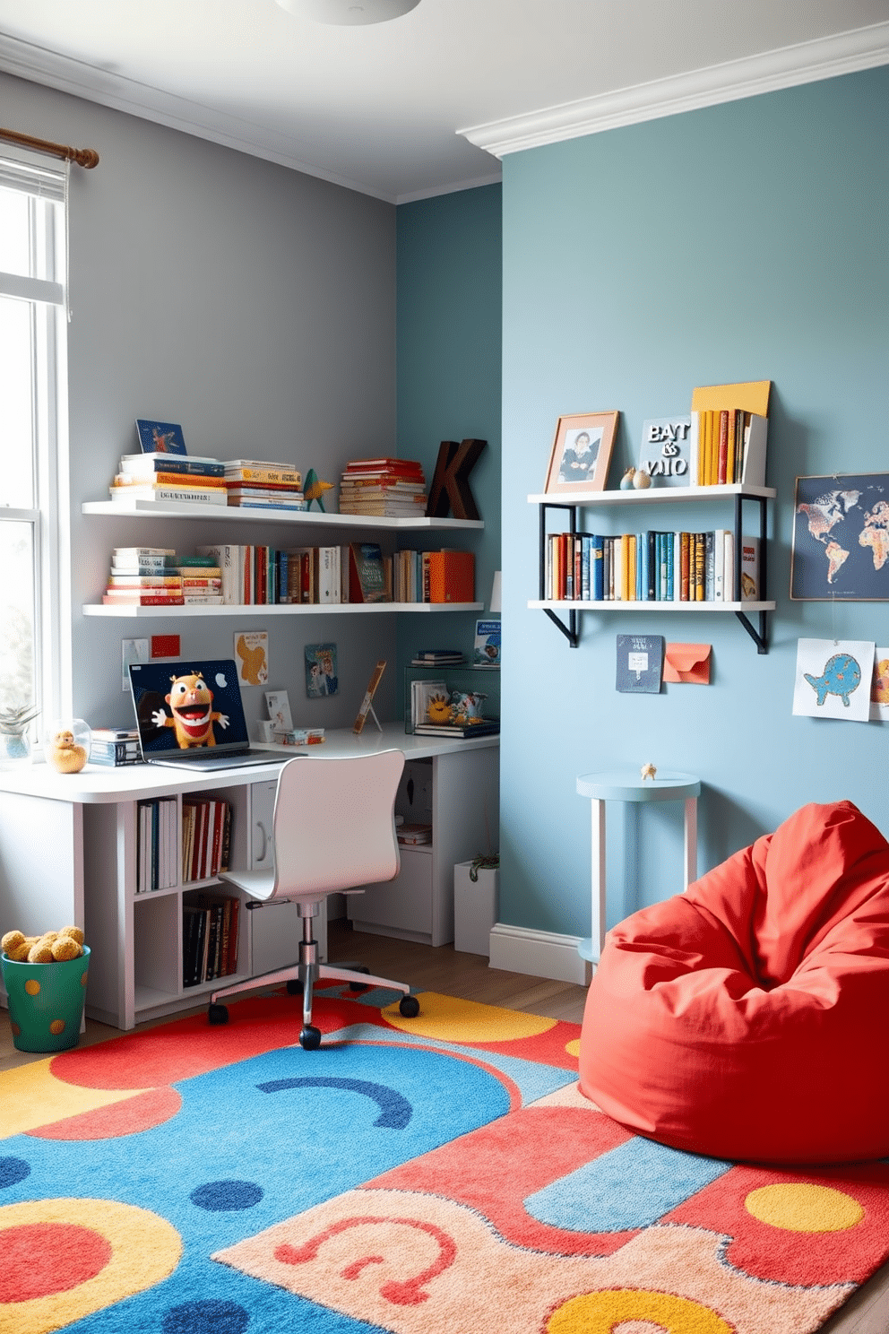 A vibrant office playroom designed for creativity and productivity. The space features a large, colorful area rug that adds warmth and comfort underfoot, while a modern desk with a sleek finish is positioned near a window for natural light. Wall-mounted shelves display an array of books and playful decor, creating an inviting atmosphere. A cozy reading nook with plush cushions and a bean bag chair offers a perfect spot for relaxation and inspiration.