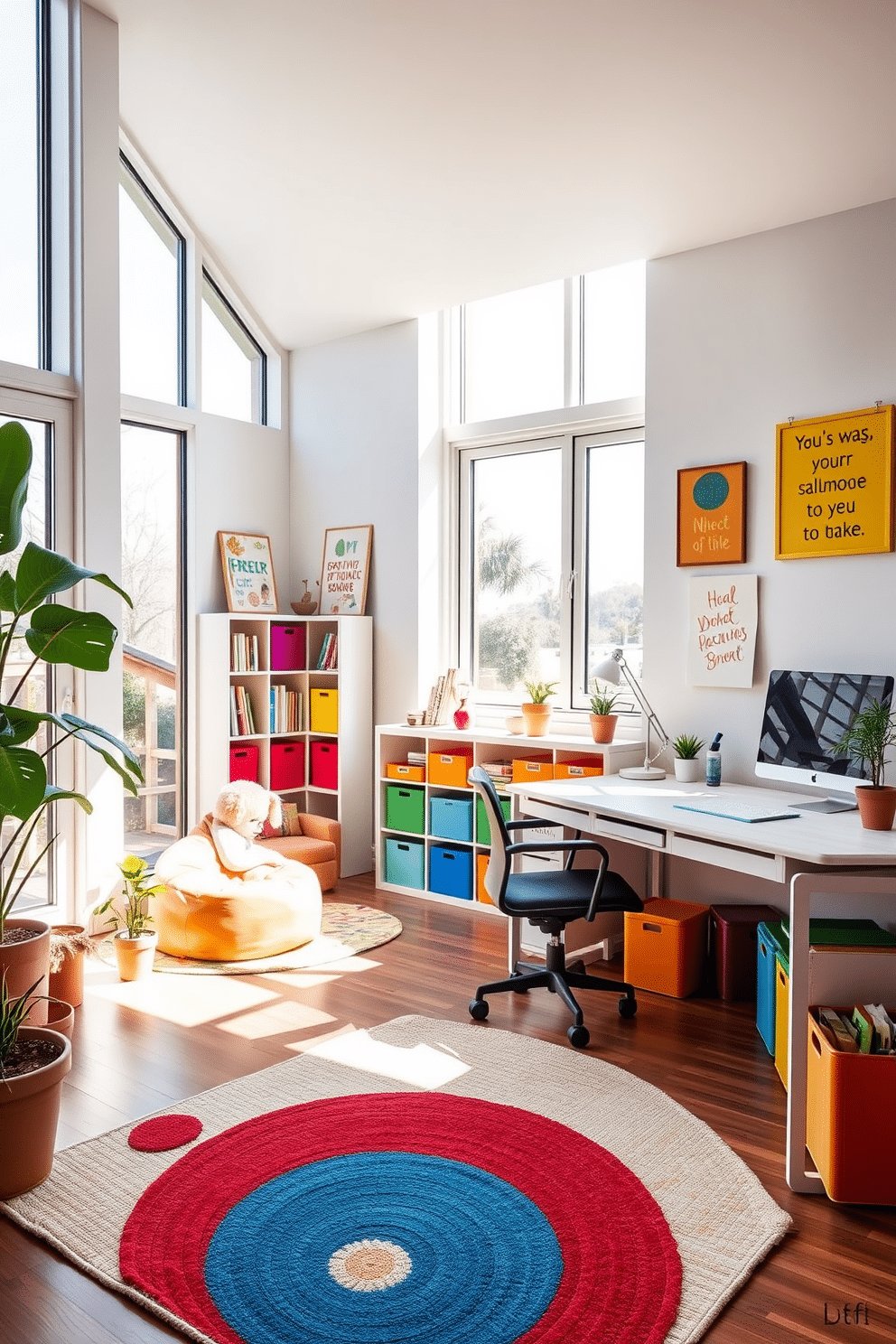 A vibrant office playroom filled with natural light. Large windows allow sunlight to pour in, illuminating a cozy reading nook with a plush beanbag chair and a small bookshelf. The workspace features a modern desk with a sleek design, surrounded by colorful storage bins and inspiring wall art. A playful rug adds warmth to the space, while potted plants bring a touch of nature indoors.