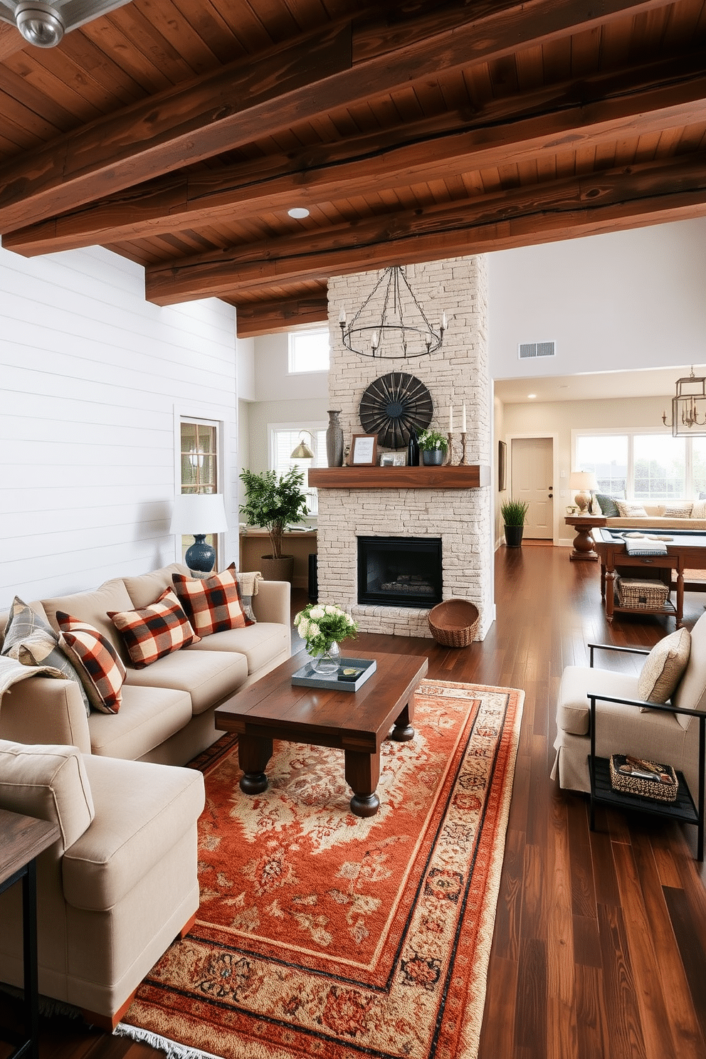 Cozy farmhouse style with rustic accents. Imagine a warm living room featuring a large, plush sectional sofa adorned with plaid throw pillows, complemented by a reclaimed wood coffee table. The walls are clad in shiplap, painted in a soft white hue, while exposed wooden beams add character to the ceiling. A vintage area rug in earthy tones anchors the space, and a stone fireplace serves as the focal point, adorned with rustic decor and fresh greenery. Open basement design ideas. Envision a spacious, multifunctional basement with a cozy lounge area that includes a sectional sofa and a stylish bar cart for entertaining. Large windows allow natural light to flood the space, while a game area with a pool table and comfortable seating creates an inviting atmosphere for gatherings.