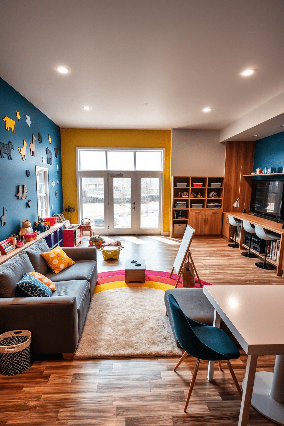 Bright playroom with colorful decor. The walls are painted in vibrant hues of blue and yellow, adorned with playful wall decals of animals and shapes. A large, soft rug in a rainbow pattern covers the floor, providing a cozy area for play. Shelves filled with toys and books are neatly organized, and a small art station with easels and supplies invites creativity. Open basement design ideas. The space features large windows that let in natural light, highlighting the sleek, modern furnishings. A comfortable sectional sofa faces a stylish entertainment center, and a bar area with high stools adds a touch of sophistication. Warm wood accents and soft lighting create an inviting atmosphere perfect for relaxation and gatherings.