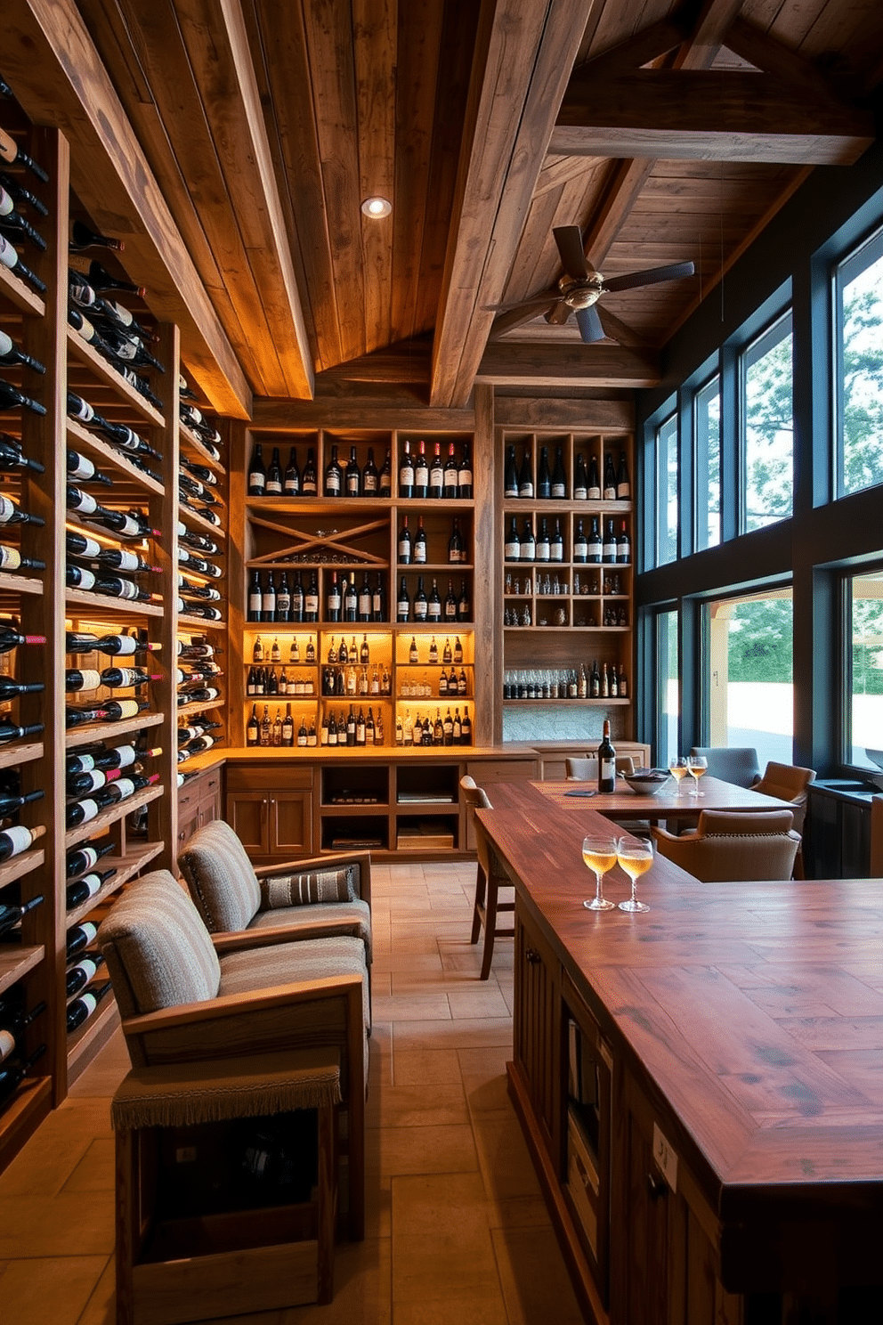 A cozy wine cellar featuring rustic wooden racks crafted from reclaimed wood, showcasing an array of vintage bottles. Soft, ambient lighting highlights the rich textures of the wood and creates an inviting atmosphere for connoisseurs. The open basement design incorporates a spacious layout with comfortable seating areas and a rustic bar made from distressed wood. Large windows allow natural light to flood the space, enhancing the warmth of the decor and providing a welcoming environment for gatherings.