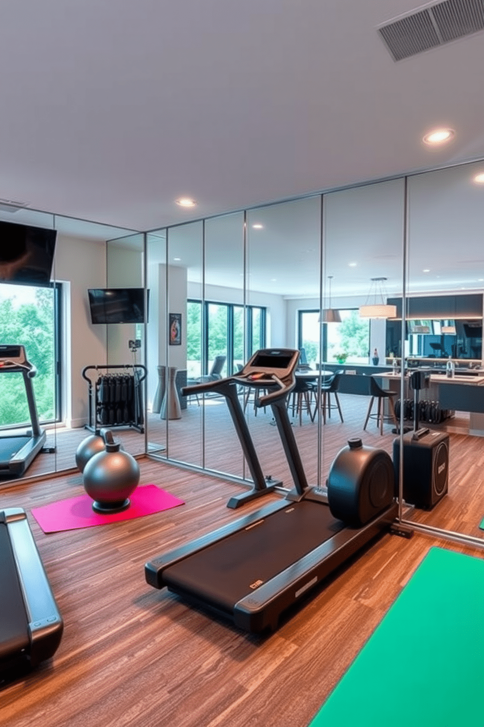 A modern home gym featuring mirrored walls that reflect the sleek design and vibrant energy of the space. The room is equipped with state-of-the-art fitness equipment, including a treadmill, weights, and yoga mats, all arranged for optimal functionality and aesthetic appeal. An inviting open basement design that combines a recreational area and a cozy lounge. The space is furnished with comfortable seating, a stylish bar, and large windows that allow natural light to flood in, creating a warm and welcoming atmosphere.