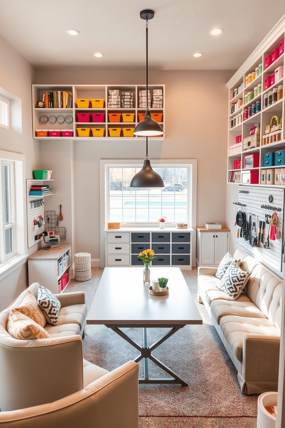 A bright and inviting craft room features organized storage solutions, including wall-mounted shelves filled with colorful bins and jars for supplies. A large worktable sits in the center, surrounded by comfortable seating and a pegboard for easy access to tools and materials. The open basement design incorporates a cozy lounge area with plush seating and a stylish coffee table, creating a welcoming space for relaxation. Large windows allow natural light to flood in, while built-in storage solutions keep the area tidy and functional.