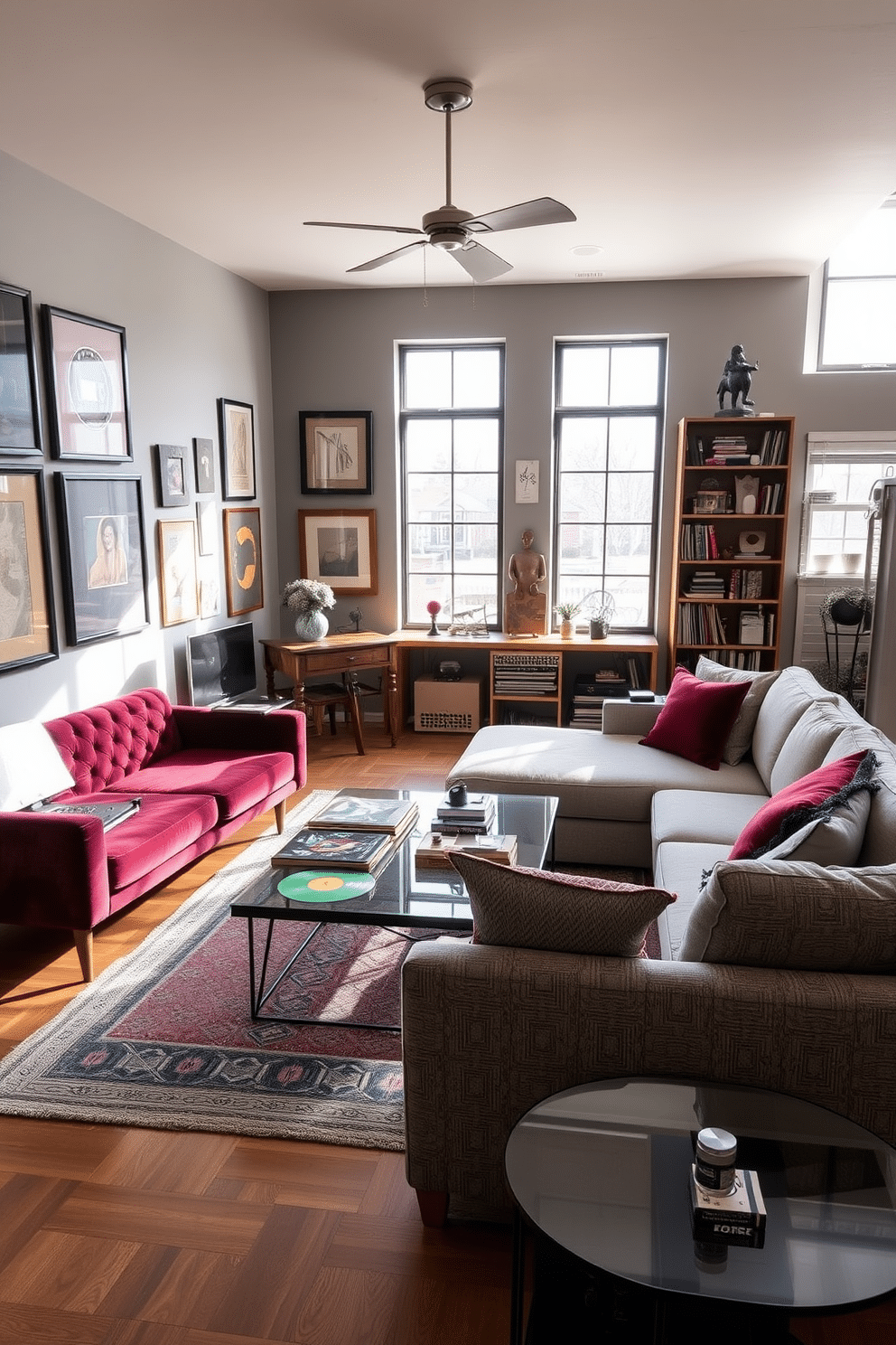 A cozy living space featuring vintage-inspired decor, with a plush velvet sofa in a rich burgundy hue and a mid-century modern coffee table made of walnut. The walls are adorned with eclectic art pieces, and a vintage record player sits in the corner, surrounded by colorful vinyl records. An open basement design that maximizes space and light, showcasing a large sectional sofa in a light gray fabric and a sleek glass coffee table. Large windows allow natural light to flood the area, while stylish shelves display books and decorative items, creating an inviting atmosphere.