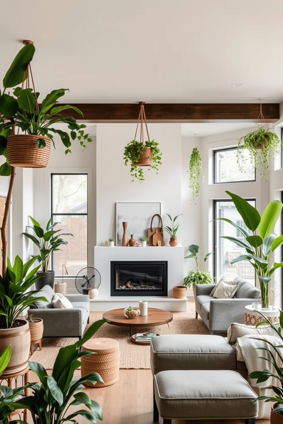 A serene living space that embraces nature-inspired decor. Lush greenery accents are strategically placed throughout the room, including potted plants and hanging planters, bringing the outdoors inside. An open basement design that maximizes space and light. Large windows allow natural light to flood in, while a cozy seating area is arranged around a modern fireplace, creating an inviting atmosphere.