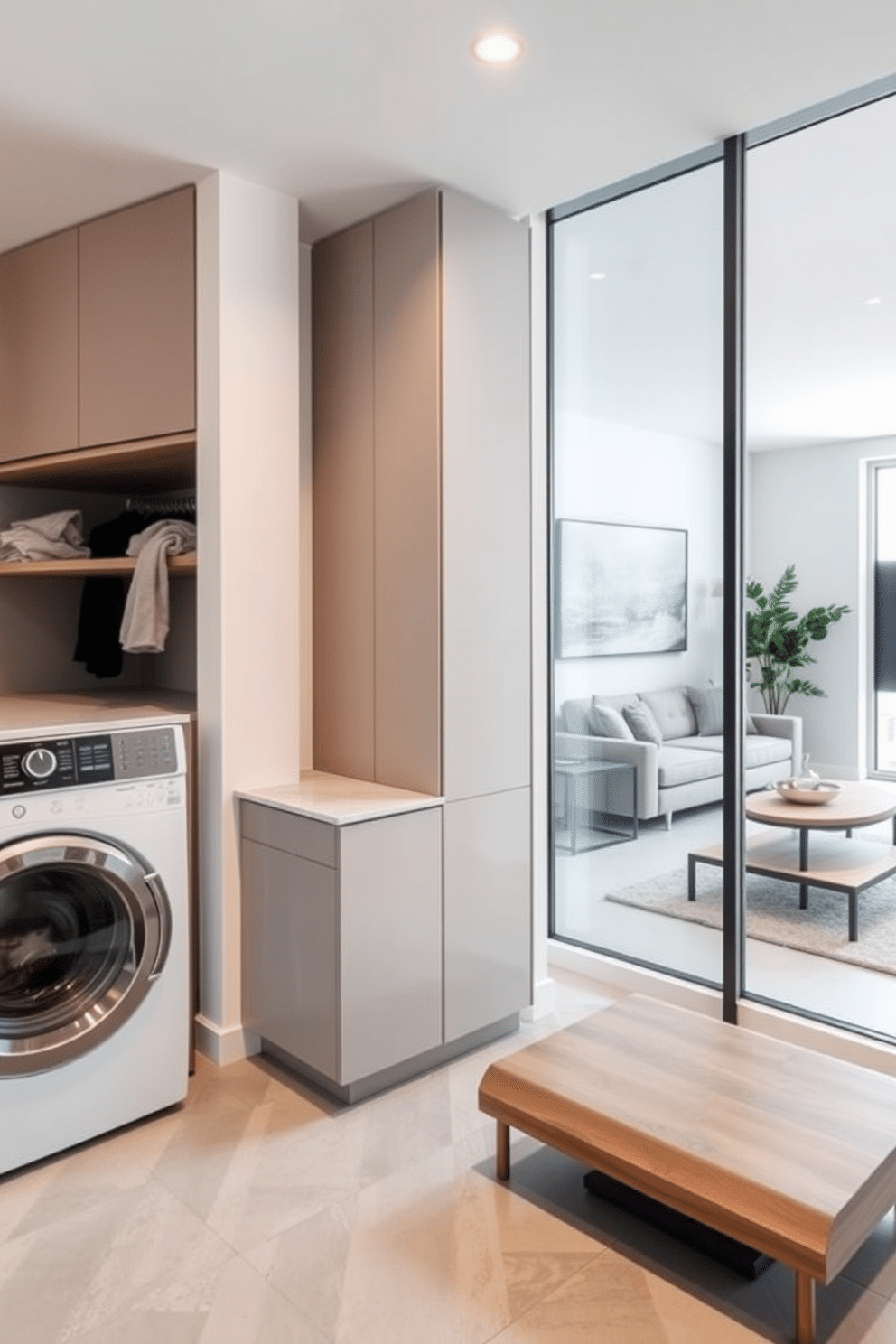 A functional laundry area with smart storage features a spacious countertop for folding clothes, flanked by sleek cabinets that optimize vertical space. The walls are painted a soft white, and the floor is covered with durable, easy-to-clean tiles in a light gray tone. Open basement design ideas include a cozy lounge area with a sectional sofa and a modern coffee table, creating an inviting space for relaxation. Large windows allow natural light to flood the room, while a subtle color palette of soft blues and grays enhances the airy feel.