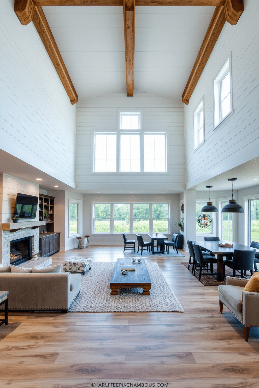 A modern farmhouse features shiplap walls painted in a soft white, complemented by rustic wooden beams that add warmth to the space. The open floor plan includes a spacious living area with a large sectional sofa, a reclaimed wood coffee table, and a cozy fireplace surrounded by built-in shelving. For the open basement design, envision a multifunctional space that combines a home theater with a game area. Large windows allow natural light to flood the room, while comfortable seating and a stylish bar create an inviting atmosphere for entertaining guests.