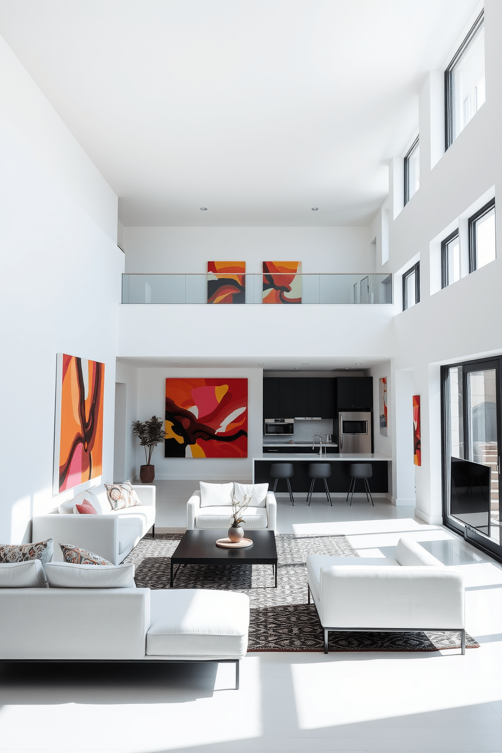 Bright white space with bold artwork. The walls are adorned with large, colorful abstract paintings that create a striking contrast against the pristine backdrop. Open basement design ideas. The layout features a seamless flow between a cozy lounge area and a modern kitchenette, with sleek furniture and ample natural light streaming in through large windows.