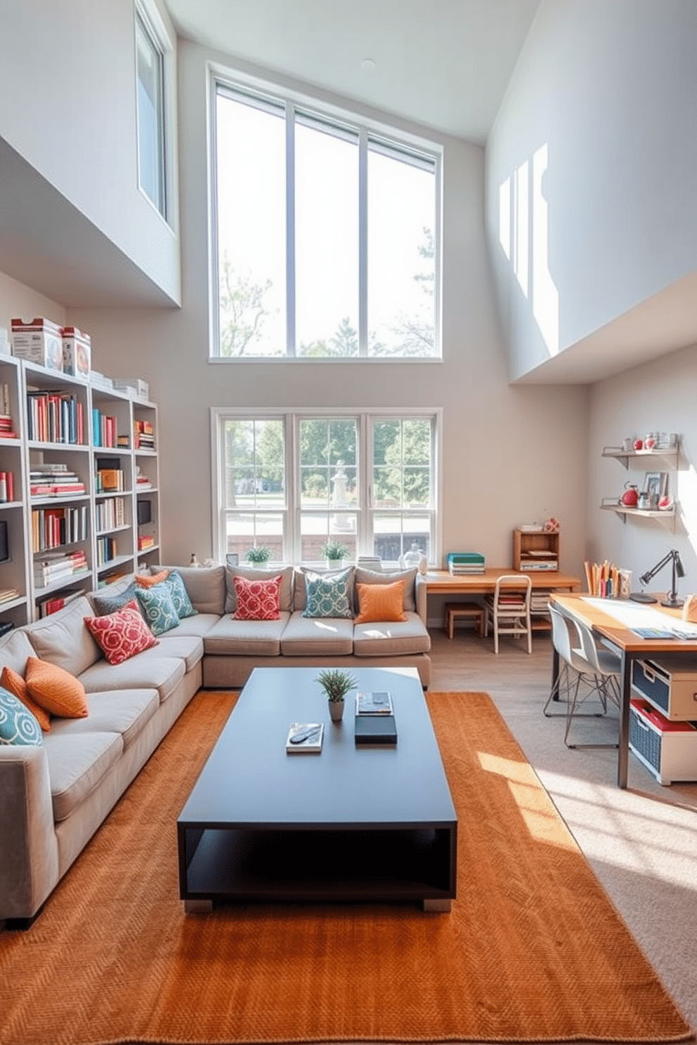 A cozy multi-purpose area designed for hobbies and relaxation features a large, plush sectional sofa in a soft gray fabric, complemented by colorful throw pillows. A sleek, modern coffee table sits at the center, surrounded by shelves filled with books, art supplies, and games, while a warm area rug adds comfort underfoot. The open basement design incorporates large windows that allow natural light to flood the space, creating an inviting atmosphere. The walls are painted in a light, airy color, and a dedicated craft corner is equipped with a sturdy table and organized storage for various hobby materials, enhancing both functionality and style.