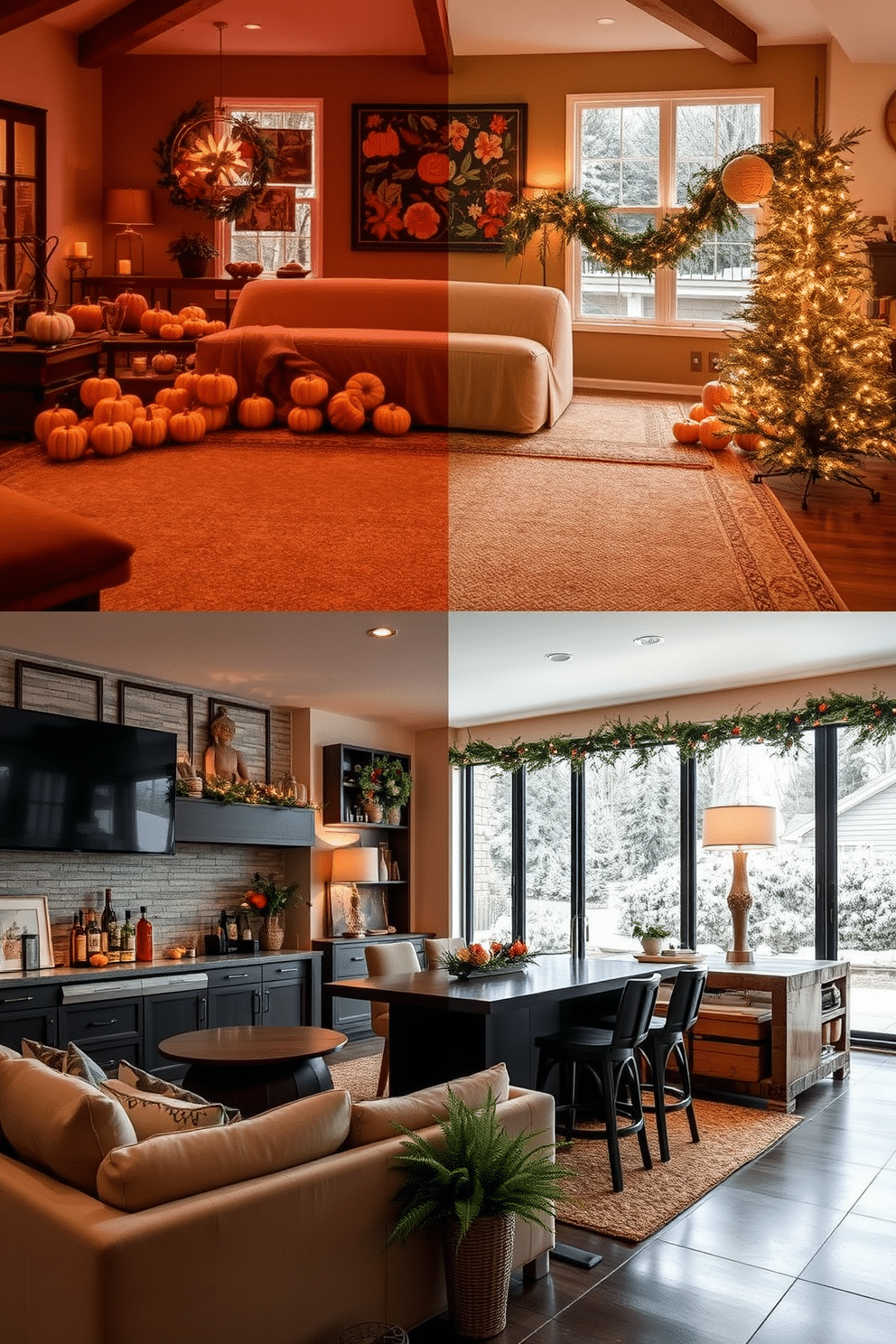 Seasonal decor that changes throughout the year. Imagine a cozy living room adorned with warm autumn hues, featuring pumpkins and rustic garlands in October, transitioning to a winter wonderland with twinkling lights and evergreen arrangements in December. Open basement design ideas. Visualize a spacious basement transformed into a multifunctional area, with a sleek bar setup and comfortable seating for entertaining, complemented by large windows that bring in natural light and create an inviting atmosphere.