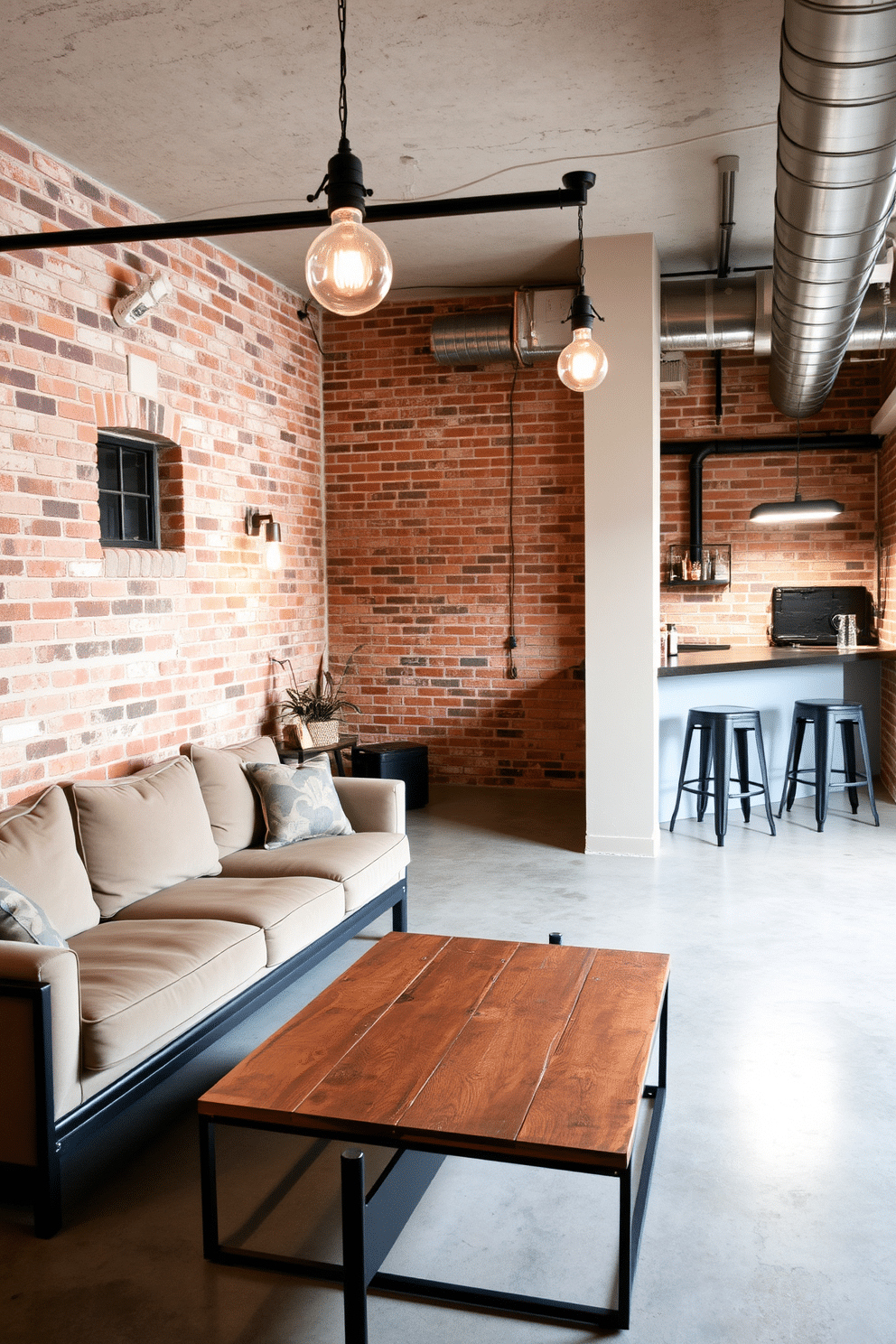 An industrial chic basement features exposed brick walls that add texture and warmth to the space. The flooring is polished concrete, complemented by sleek metal furniture and vintage lighting fixtures that enhance the urban aesthetic. The layout includes a cozy lounge area with a plush sectional sofa and a reclaimed wood coffee table. A small bar with industrial stools sits against one wall, creating an inviting space for entertaining guests.