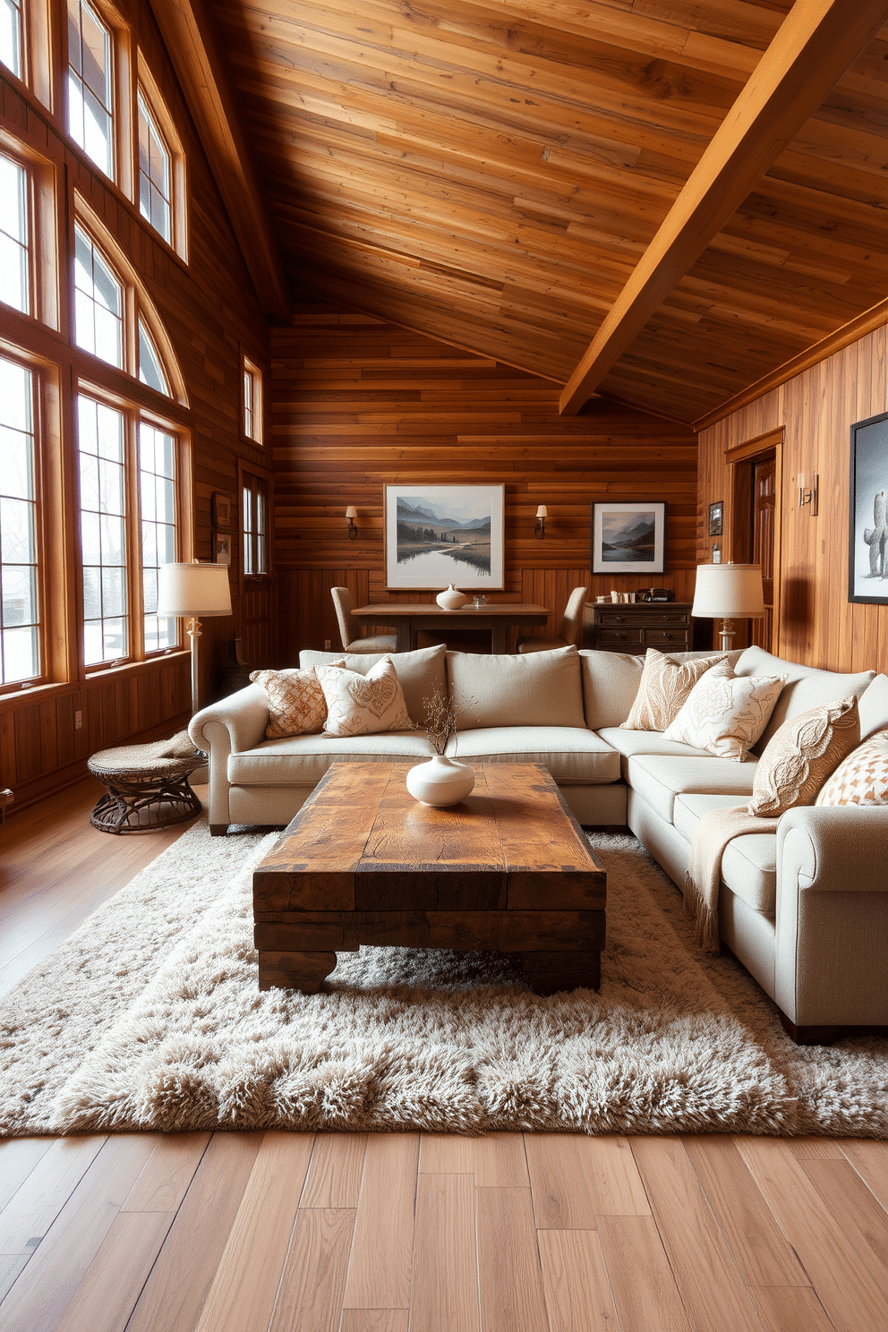 A cozy open basement design featuring warm wood tones and soft textiles creates an inviting atmosphere. The space includes a large sectional sofa adorned with plush throw pillows, complemented by a rustic wooden coffee table at the center. Natural light filters in through large windows, illuminating the rich wood paneling on the walls. A soft area rug anchors the seating area, adding warmth and comfort underfoot.