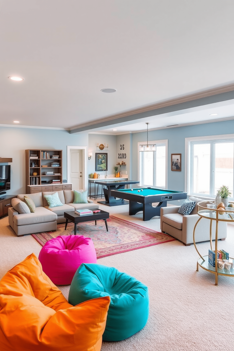 A vibrant family game room featuring multifunctional furniture that seamlessly blends comfort and utility. The space includes a large sectional sofa that converts into a sleeper, a coffee table with hidden storage, and a wall-mounted entertainment unit. The walls are painted in a cheerful light blue, creating a playful atmosphere, while the floor is covered in a soft, durable carpet. Brightly colored bean bags and a large area rug define the gaming zone, inviting family and friends to gather and enjoy quality time together. --- An open basement design that maximizes space and light while maintaining a cozy feel. Large windows provide natural light, and the layout includes a lounge area with plush seating, a small kitchenette, and a games corner with a pool table. The walls are finished in warm neutrals, complemented by decorative lighting fixtures that enhance the inviting ambiance. Stylish shelving displays books and games, while a bar cart adds a touch of sophistication for entertaining guests.