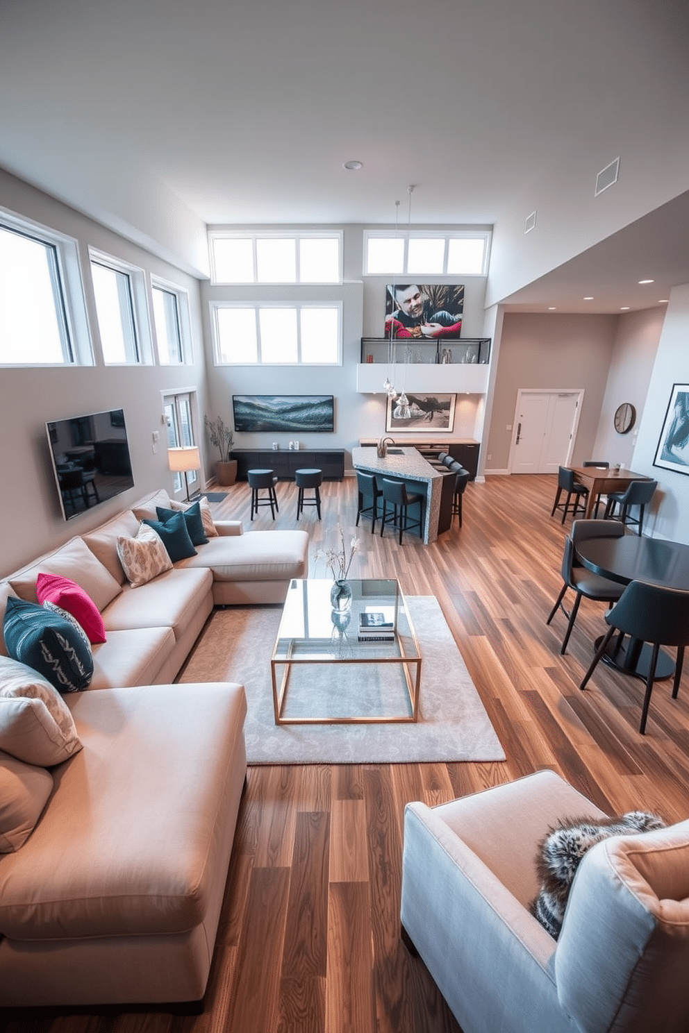 Elegant lounge area with plush seating. The space features a large, L-shaped sectional sofa in a soft, neutral fabric, accented by colorful throw pillows. A sleek coffee table made of glass and gold metal sits in the center, surrounded by an area rug with a subtle geometric pattern. Floor-to-ceiling windows allow natural light to flood the room, enhancing the warmth of the wooden flooring. Open basement design ideas. The layout includes a multifunctional space with a cozy entertainment area, complete with a large sectional and a mounted flat-screen TV. A wet bar with stylish bar stools is positioned against one wall, while a game table occupies the opposite corner, creating an inviting atmosphere for gatherings. Soft, ambient lighting throughout the space adds to the relaxed vibe, complemented by tasteful artwork on the walls.