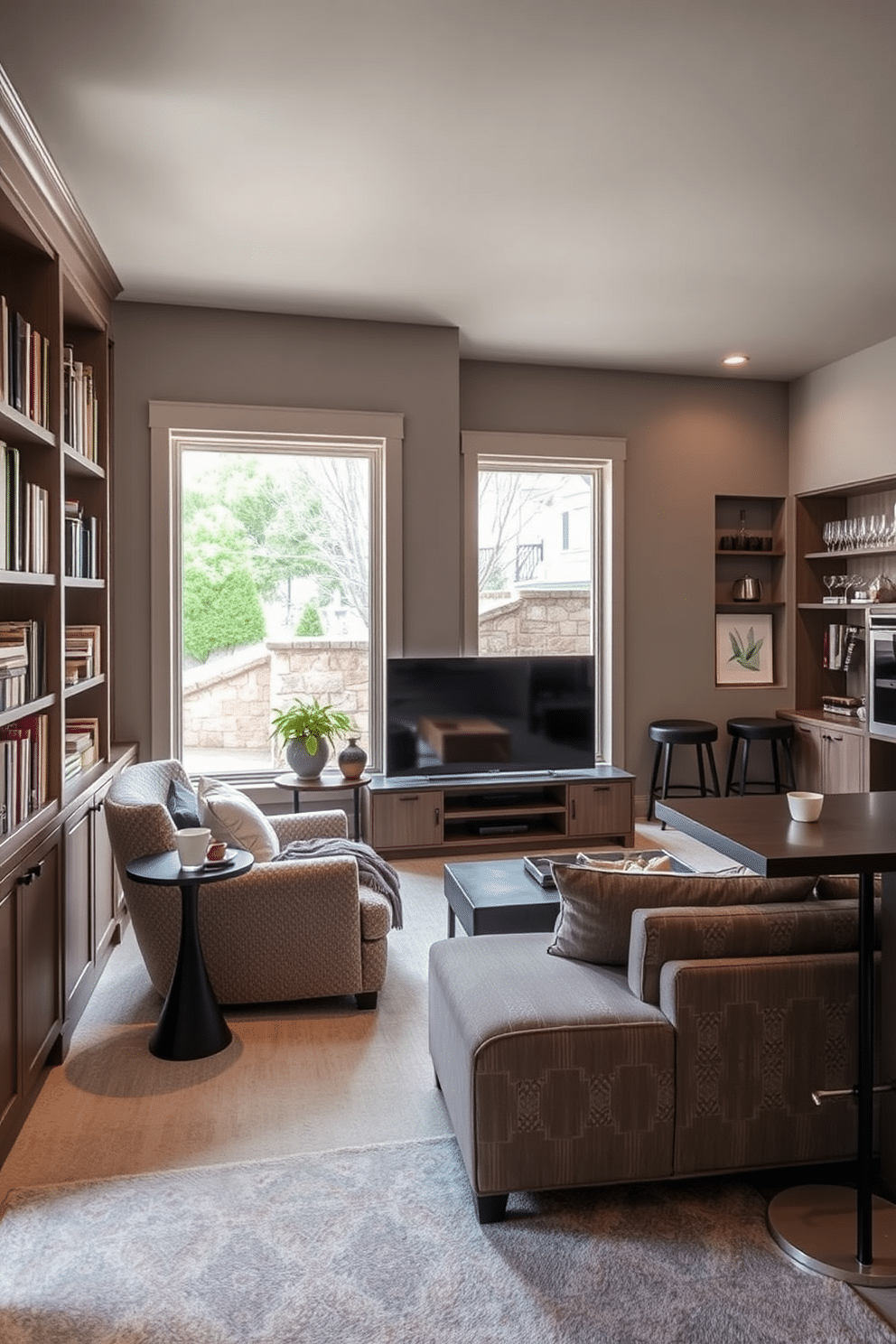 Cozy reading nook with built-in shelves. The nook features a plush armchair upholstered in soft, textured fabric, positioned beside a large window that allows natural light to flood the space. Built-in shelves line the walls, filled with an array of books and decorative items, creating an inviting atmosphere. A small side table holds a steaming cup of tea and a cozy blanket draped over the armchair, enhancing the warmth of the nook. Open basement design ideas. The space is transformed into a multifunctional area, with a sleek sectional sofa facing a modern entertainment center. Large windows are incorporated to bring in natural light, while a stylish bar area is set up against one wall, complete with high stools and decorative shelving for glassware.