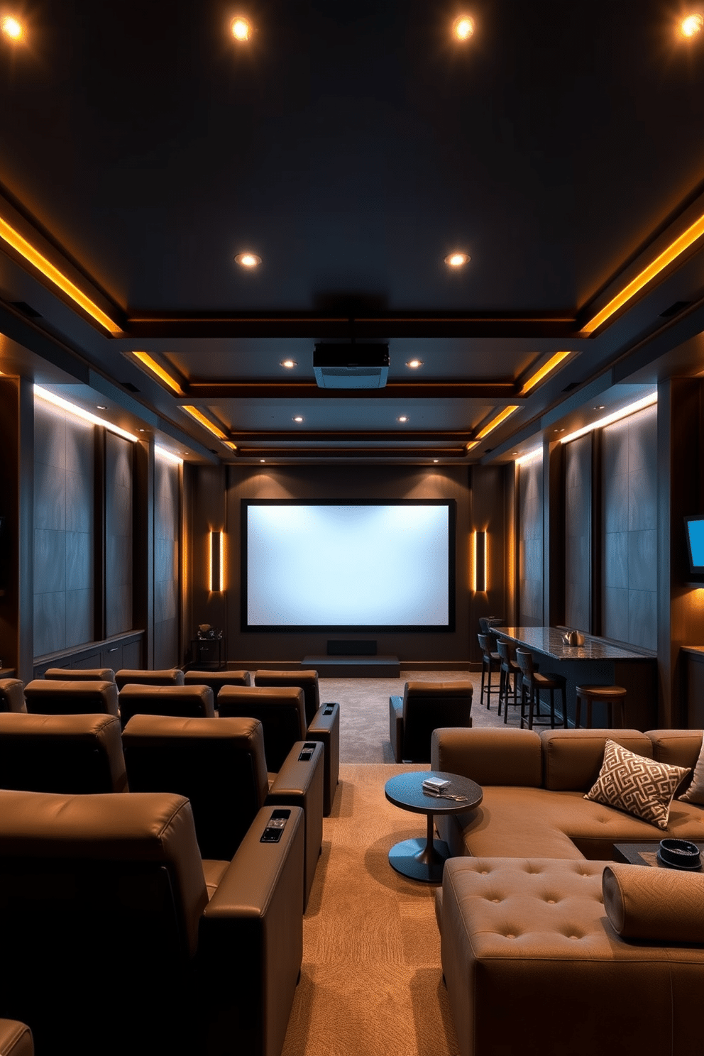 A luxurious home theater featuring plush, oversized recliners arranged in a staggered formation for optimal viewing. The walls are adorned with dark acoustic panels, and a large projection screen is centered, flanked by ambient LED lighting. An inviting open basement design showcasing a seamless flow between entertainment and relaxation areas. The space includes a stylish bar with high stools, a cozy lounge area with a sectional sofa, and large windows that allow natural light to fill the room.