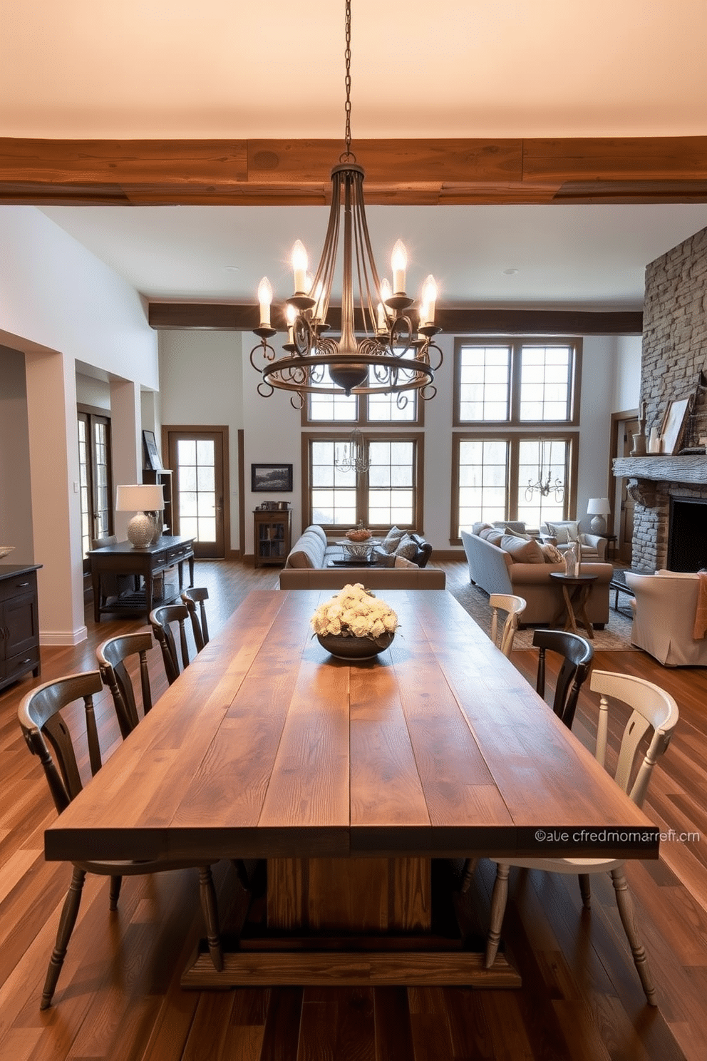 A modern farmhouse dining room features a large wooden table with a weathered finish, surrounded by mismatched chairs that add character. A statement chandelier made of wrought iron hangs above the table, illuminating the space with a warm glow. The open floor plan allows for seamless flow between the dining area and the adjacent living space, which is adorned with cozy textiles and neutral tones. Large windows let in natural light, highlighting the rustic accents like reclaimed wood beams and a stone fireplace.