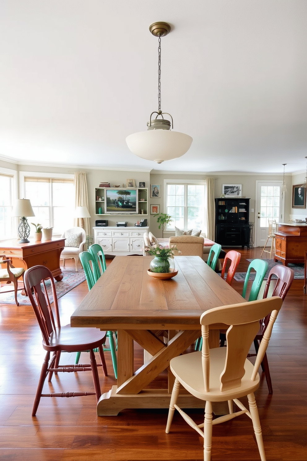 Vintage charm with mismatched chairs fills the dining area, creating a cozy and inviting atmosphere. The table is a rustic wood finish, surrounded by an eclectic mix of colorful chairs that add personality and warmth to the space. The open floor plan seamlessly integrates the dining room with the adjacent living area, promoting a sense of spaciousness. Large windows allow natural light to flood in, highlighting the unique decor elements and enhancing the overall vintage aesthetic.