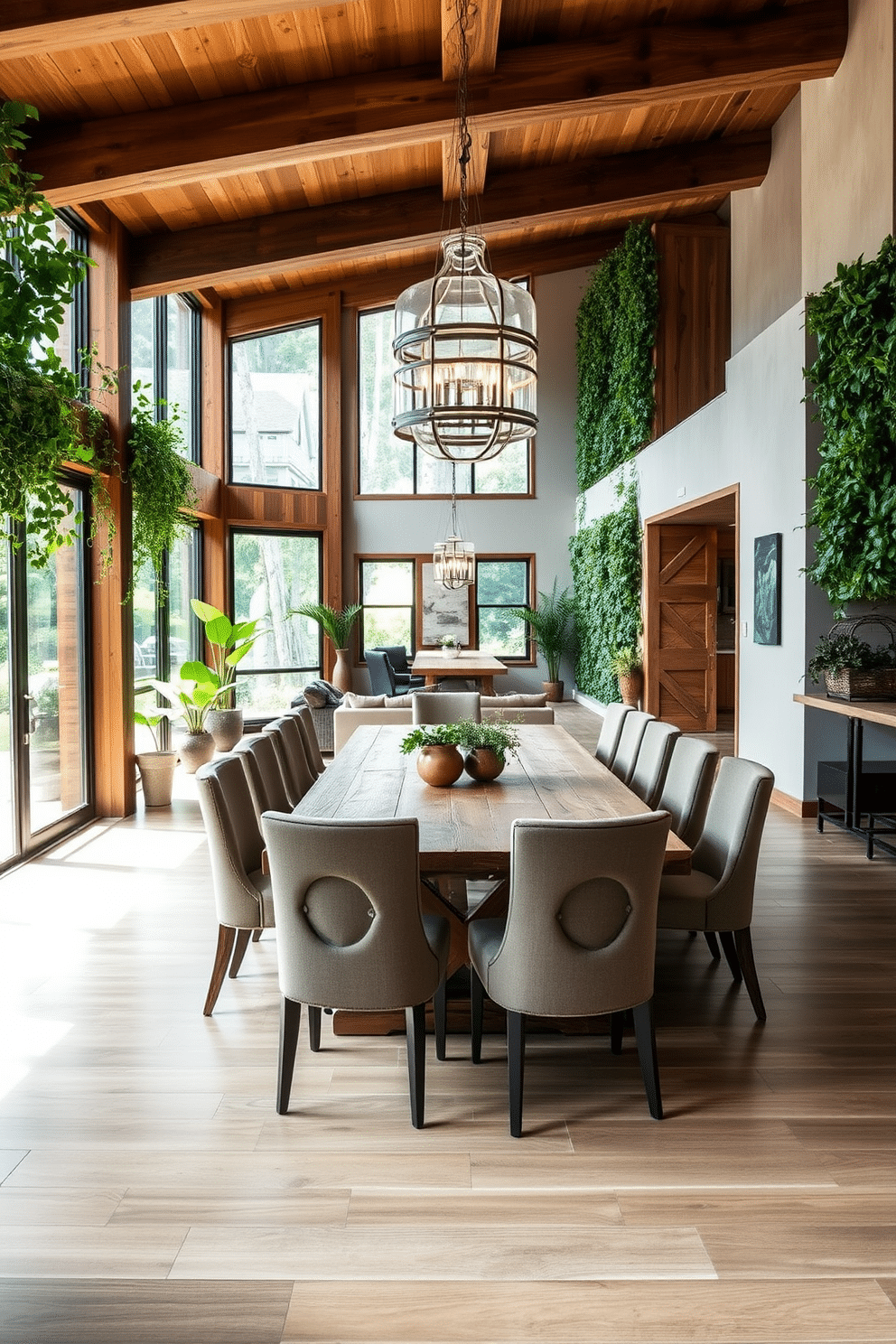 A nature-inspired dining room features a large wooden table surrounded by upholstered chairs in earthy tones. Lush greenery accents the space with hanging plants and a vertical garden on one wall, creating a fresh and inviting atmosphere. The open floor plan seamlessly integrates the dining area with the living space, enhancing the flow of natural light. Large windows allow for ample sunlight, while a statement chandelier adds a touch of elegance to the rustic decor.