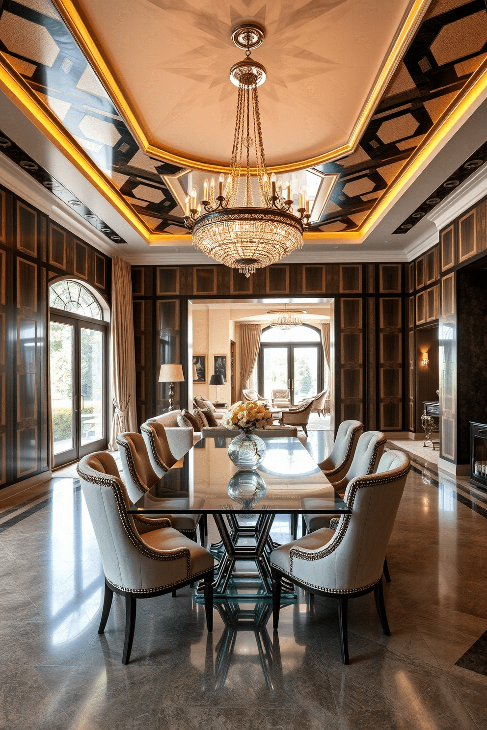 A luxurious Art Deco dining room featuring bold geometric patterns on the walls and ceiling. The dining table is a sleek glass piece surrounded by upholstered chairs with intricate detailing, while a stunning chandelier hangs above, casting a warm glow. An open floor plan seamlessly connects the dining area to the living space, emphasizing spaciousness and flow. Large windows allow natural light to flood the room, highlighting the rich textures and elegant decor throughout the space.