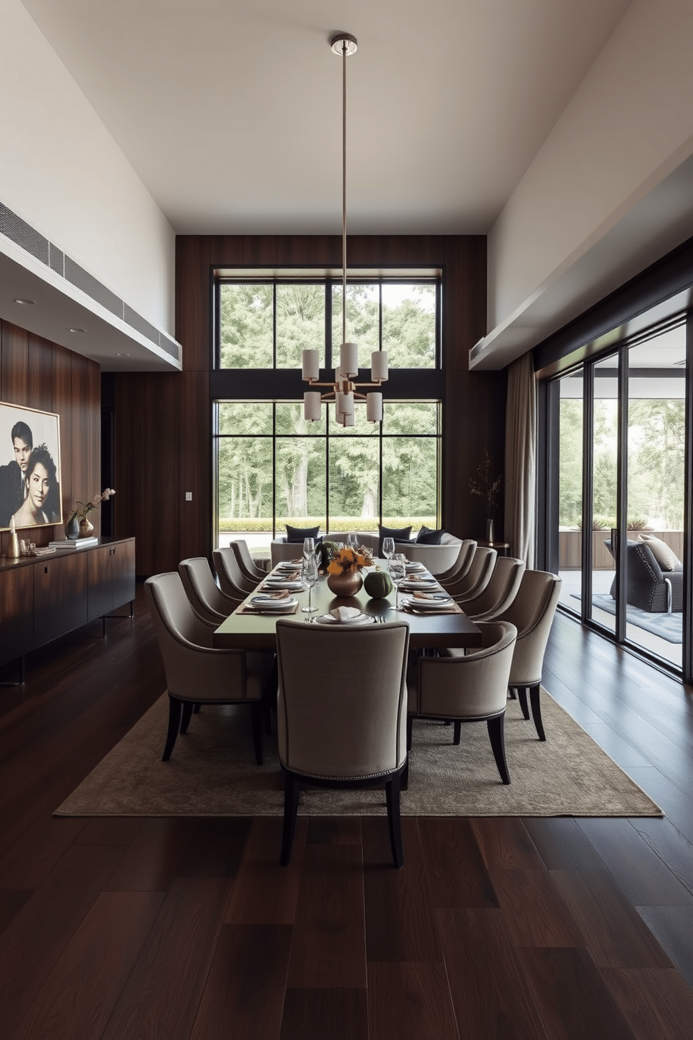 A sophisticated dining room featuring dark wood tones, with a large rectangular table surrounded by plush upholstered chairs. The space is illuminated by a modern chandelier, and a sideboard against the wall showcases elegant tableware and decor. The open floor plan enhances the flow of the space, seamlessly connecting the dining area to the adjacent living room. Large windows allow natural light to flood in, highlighting the rich textures and warm colors throughout the room.