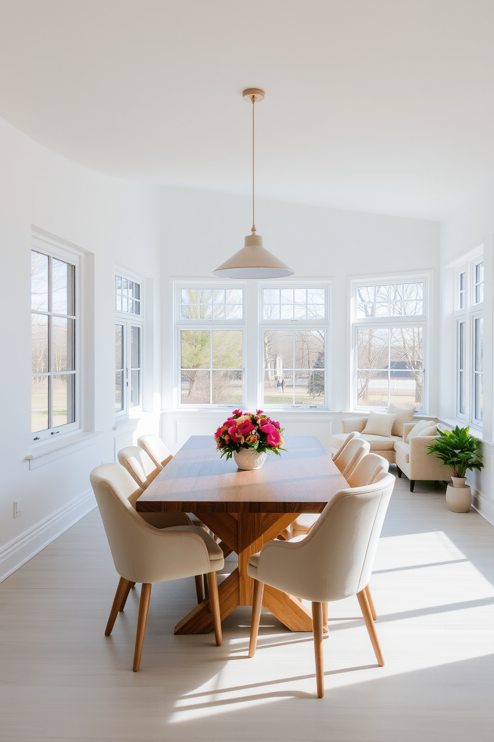 A bright dining room filled with natural light from large windows that stretch from floor to ceiling. The space features a contemporary wooden dining table surrounded by upholstered chairs in soft pastel colors, creating an inviting atmosphere. The walls are painted in a crisp white, enhancing the brightness of the room, while a stylish pendant light hangs above the table, adding a touch of elegance. A vibrant centerpiece of fresh flowers sits on the table, and a cozy seating area with a small sofa is positioned near the windows, perfect for casual gatherings.