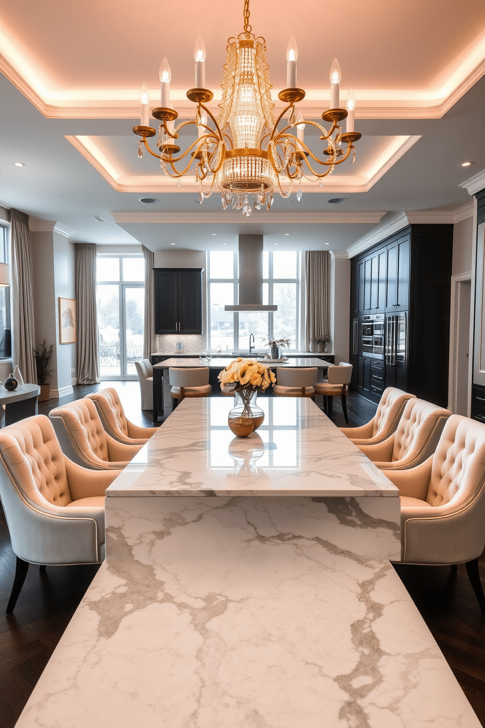 A chic dining room featuring a large marble table with gold accents, surrounded by plush upholstered chairs in a soft cream color. The space is illuminated by a stunning chandelier with gold detailing, casting a warm glow over the elegant setting. The open floor plan seamlessly connects the dining area to a modern kitchen, showcasing sleek cabinetry and high-end appliances. Large windows allow natural light to flood the room, enhancing the airy and inviting atmosphere.