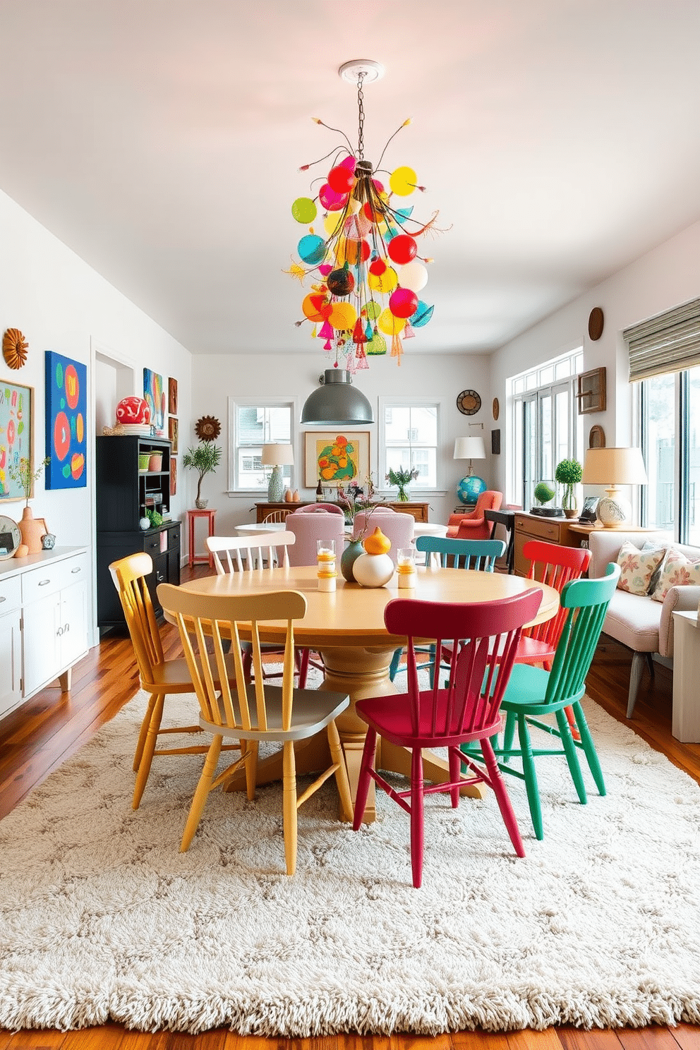 A whimsical dining room filled with playful decor features a large, round table surrounded by mismatched, colorful chairs. The walls are adorned with vibrant artwork and quirky wall hangings, while a whimsical chandelier made of multicolored glass hangs above the table. The open floor plan seamlessly connects the dining area to the living space, creating a bright and airy atmosphere. Large windows let in natural light, and a plush area rug defines the dining space, enhancing the playful and inviting ambiance.