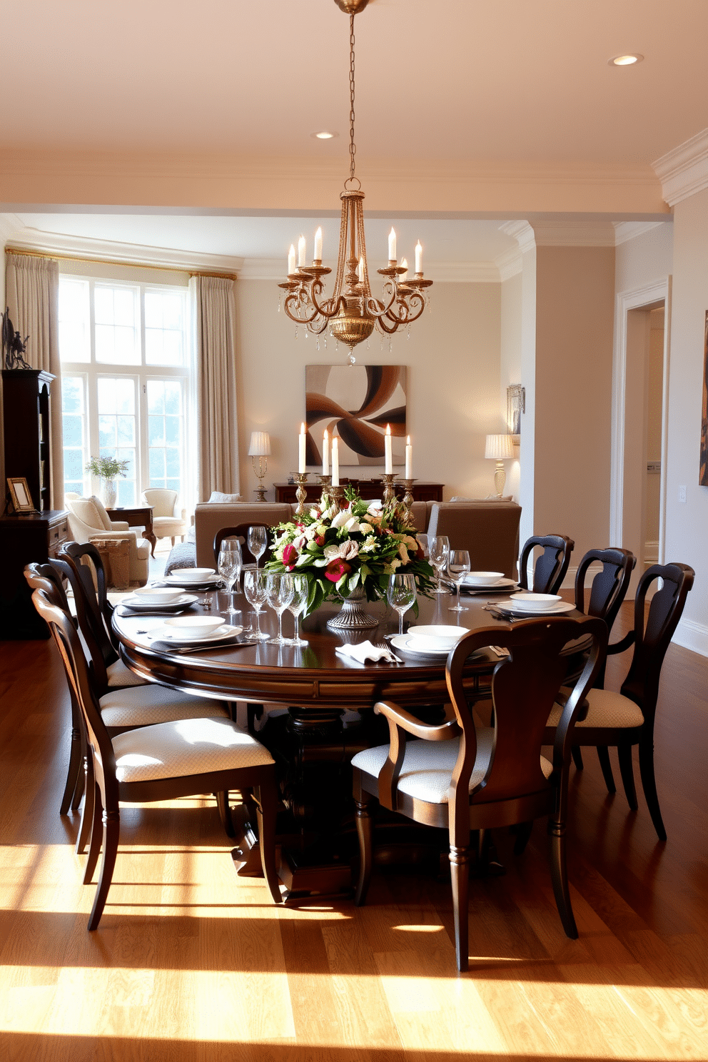 A formal dining room features an elegant wooden table set for eight, adorned with fine china and crystal glassware. Soft candlelight flickers from ornate candelabras, while a lush floral centerpiece adds a touch of sophistication. The open floor plan seamlessly integrates the dining area with the living space, creating a warm and inviting atmosphere. Large windows allow natural light to flood the room, highlighting the rich hardwood floors and contemporary artwork on the walls.