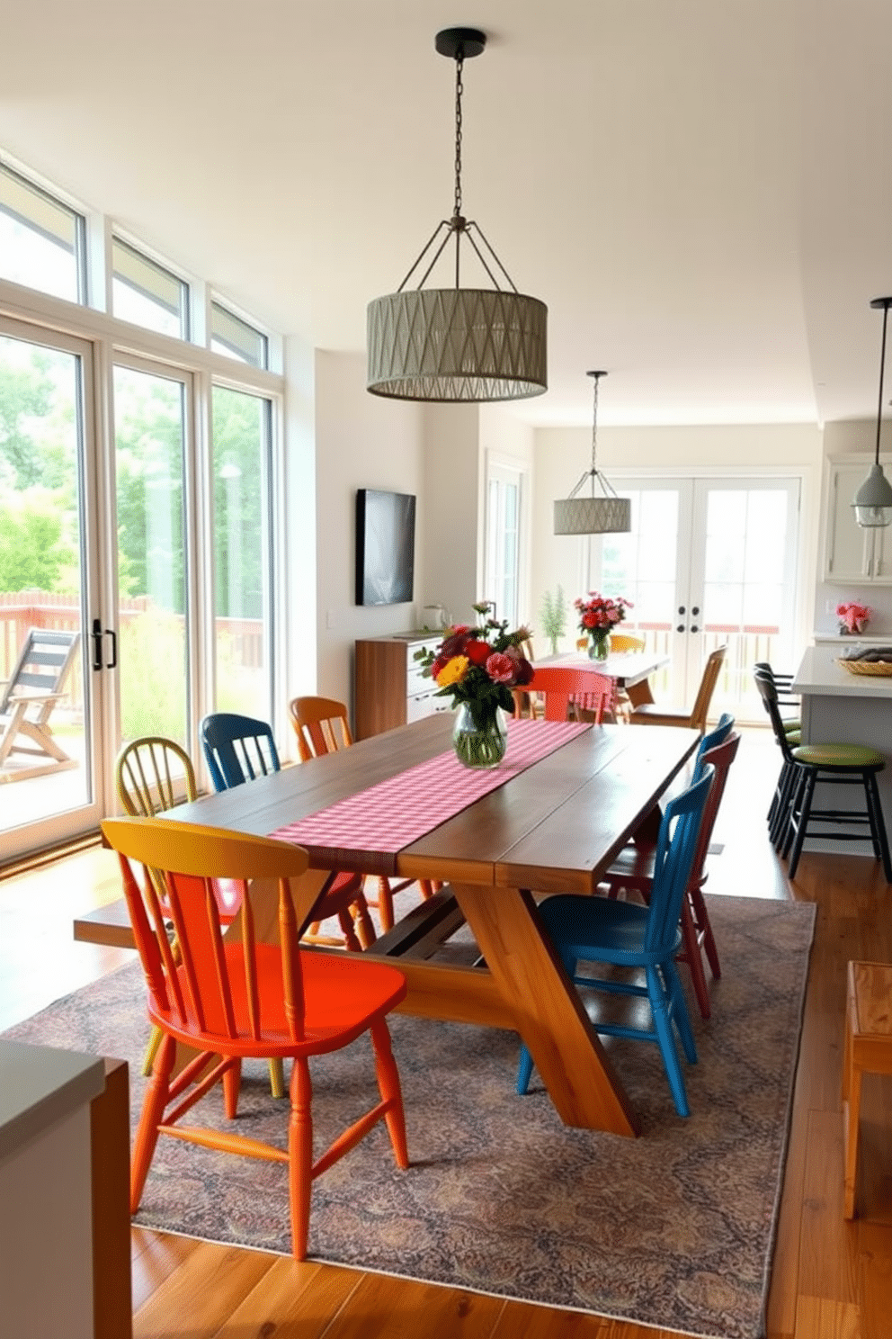 A casual dining setup features a large wooden picnic table surrounded by mismatched chairs in vibrant colors. The table is adorned with a checkered tablecloth, and a centerpiece of fresh flowers adds a cheerful touch. In an open floor plan dining room, large windows allow natural light to flood the space, highlighting the seamless flow between the dining area and the kitchen. A statement pendant light hangs above the table, creating an inviting atmosphere for family gatherings and entertaining guests.