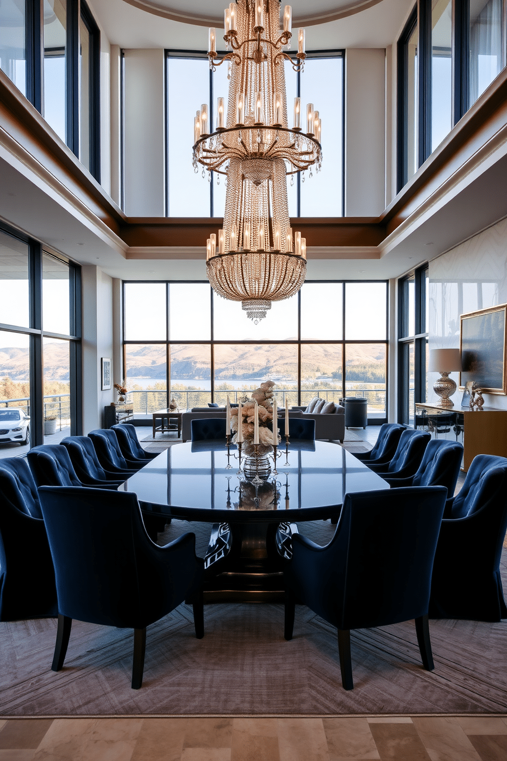 A luxurious dining room features a grand table surrounded by plush velvet-upholstered chairs in deep jewel tones. A stunning chandelier hangs above, casting a warm glow over the space, while large windows frame a picturesque view, allowing natural light to flood in. The open floor plan seamlessly connects the dining area to the living space, creating an inviting atmosphere for entertaining. Elegant decor elements, such as a sleek sideboard and tasteful artwork, enhance the sophisticated ambiance while maintaining a sense of spaciousness.