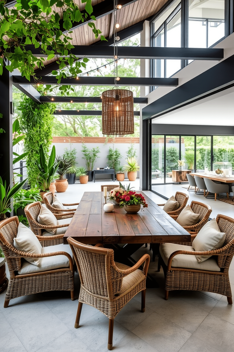 A serene outdoor-inspired dining area features a rustic wooden table surrounded by woven chairs, adorned with soft cushions in earthy tones. Lush greenery and potted plants create a vibrant backdrop, while string lights overhead add a warm, inviting glow. The open floor plan dining room showcases a seamless blend of style and functionality, with a large, contemporary dining table at its center. Floor-to-ceiling windows flood the space with natural light, highlighting the elegant decor and creating a harmonious connection with the outdoor landscape.