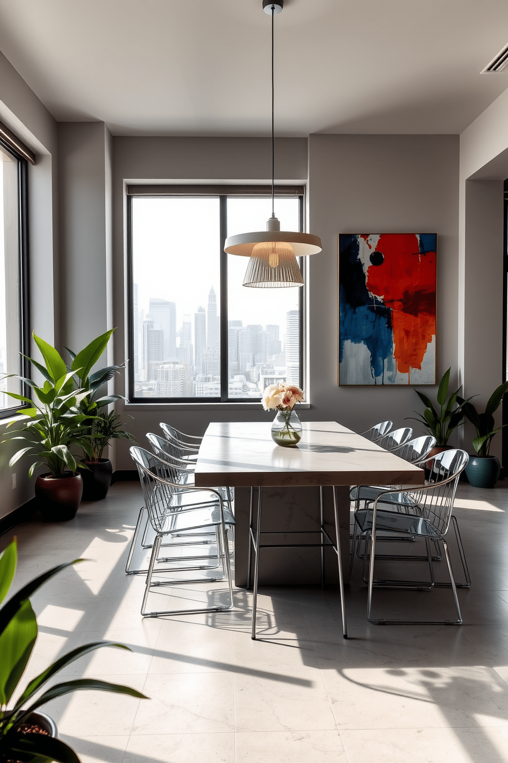 A contemporary urban dining area featuring a sleek concrete table surrounded by glass chairs. The space is illuminated by a statement pendant light, and large windows offer a view of the city skyline. The walls are painted in a soft gray, complementing the industrial aesthetic, while a vibrant abstract painting adds a pop of color. Potted greenery in the corners brings a touch of nature indoors, enhancing the open floor plan's airy feel.